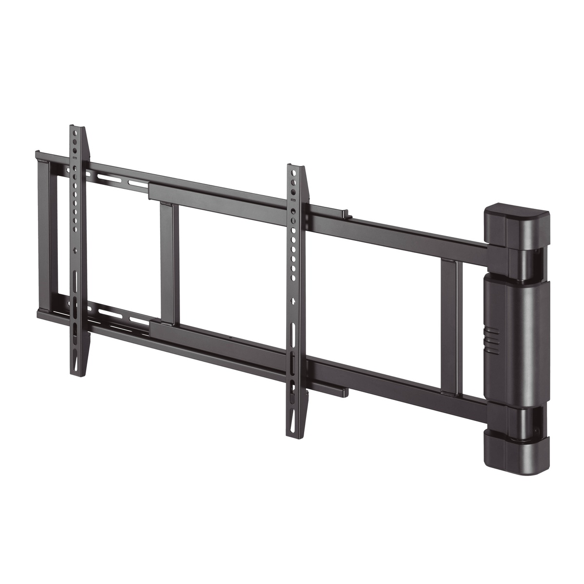 Soporte de TV de pared negro, articulado, extendido y listo.