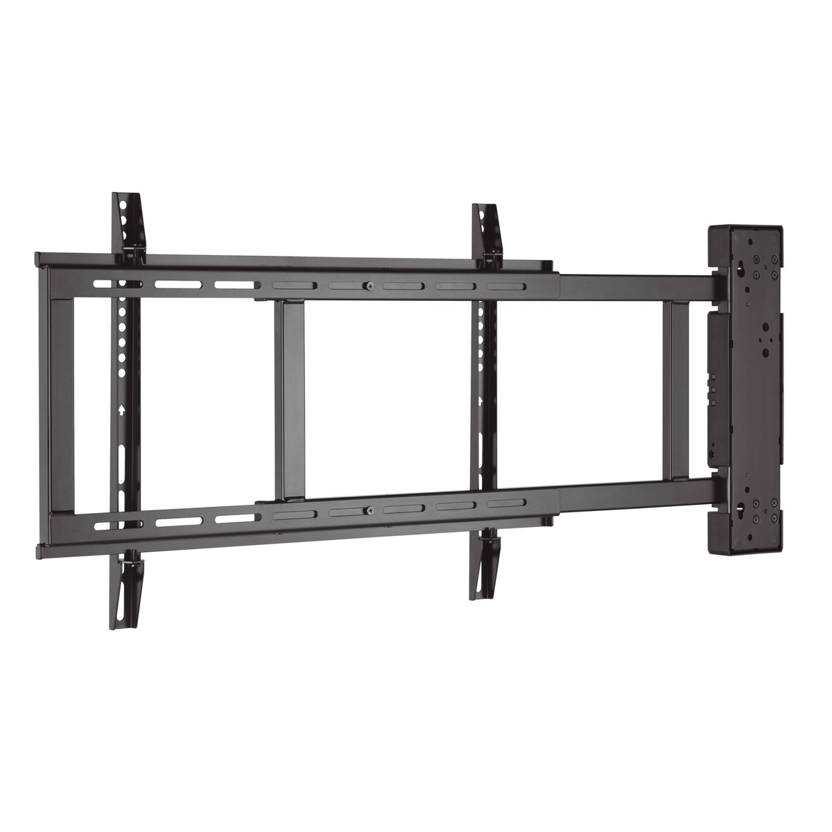 Un soporte de pared negro para un televisor, con un marco rectangular y brazos ajustables.