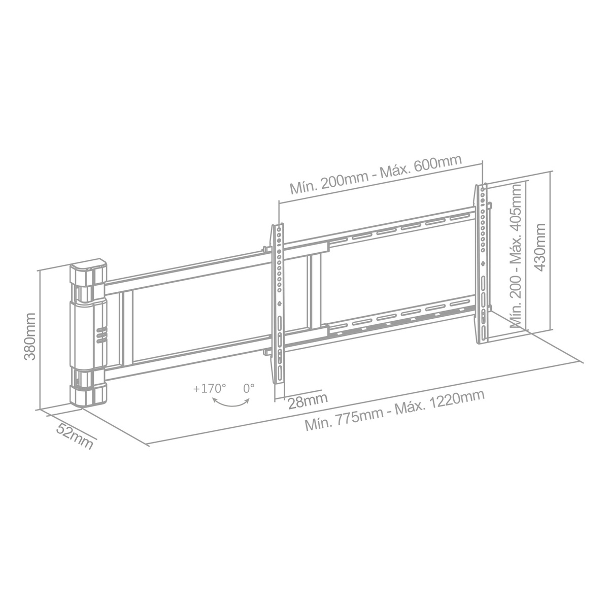 Un soporte de pared para un televisor, con dimensiones y especificaciones de ángulo.
