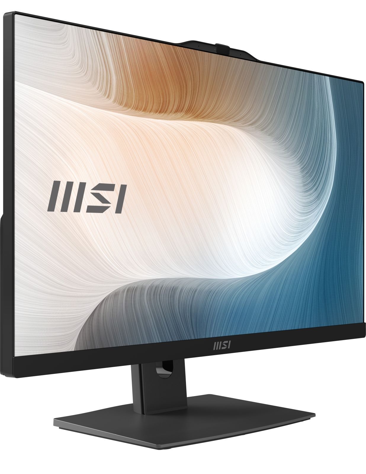 Monitor per computer nero con supporto su sfondo bianco. Lo schermo mostra un motivo a spirale.