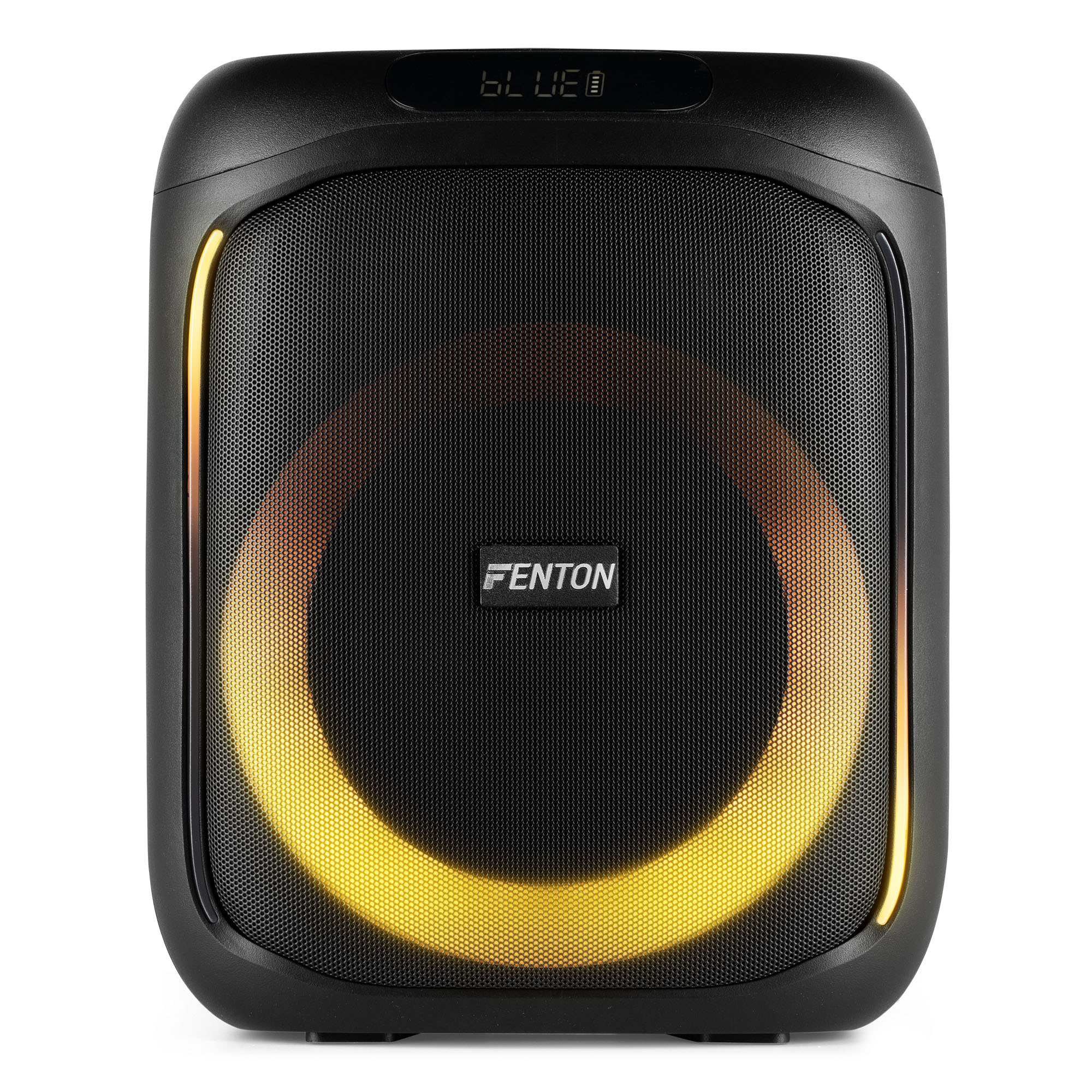Altavoz FENTON negro con luz circular amarilla brillante en el centro.