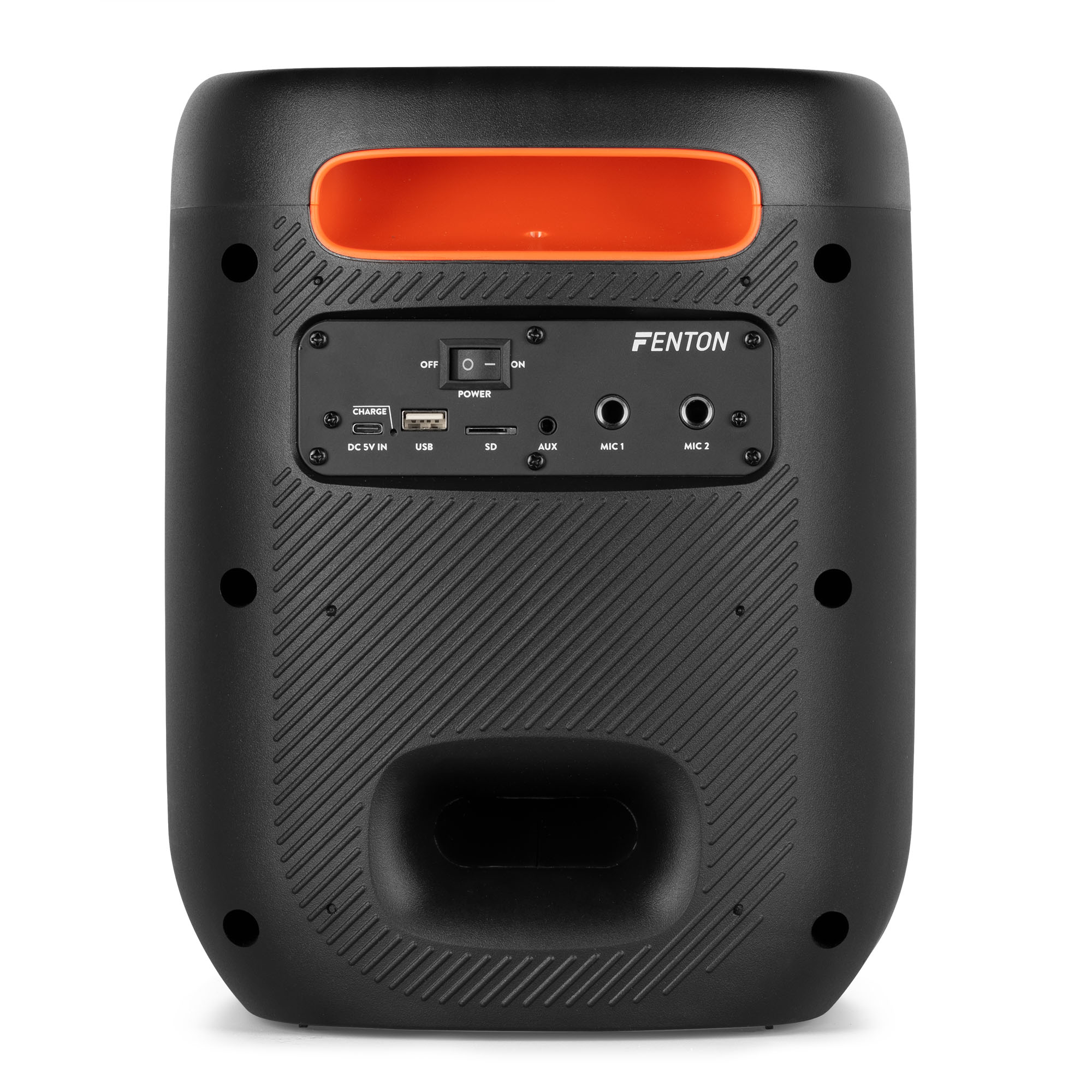 Altavoz negro con asa naranja, varios puertos y controles.