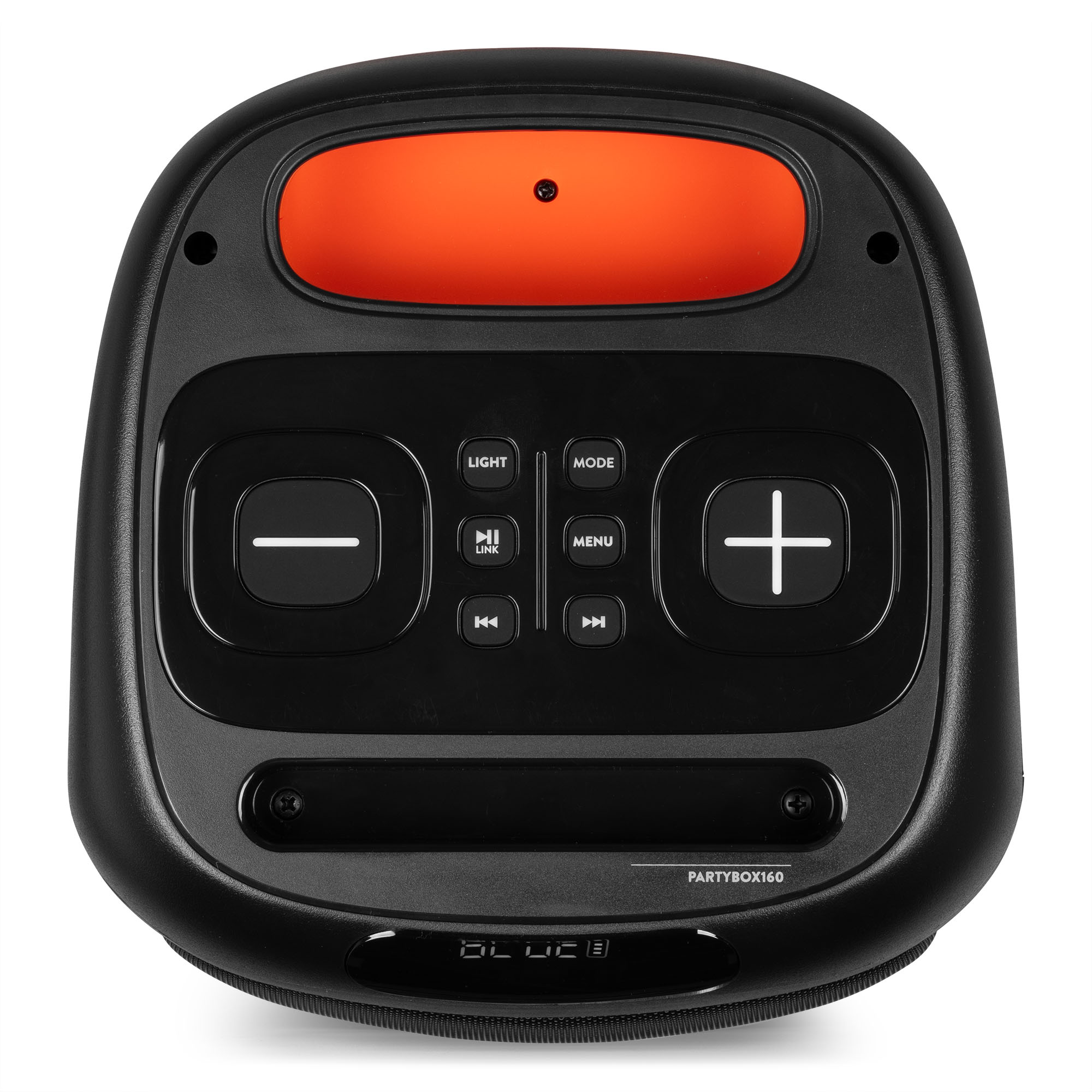 Vista superior de un altavoz negro con botones de control, incluidos los de volumen y modo, parte superior naranja.