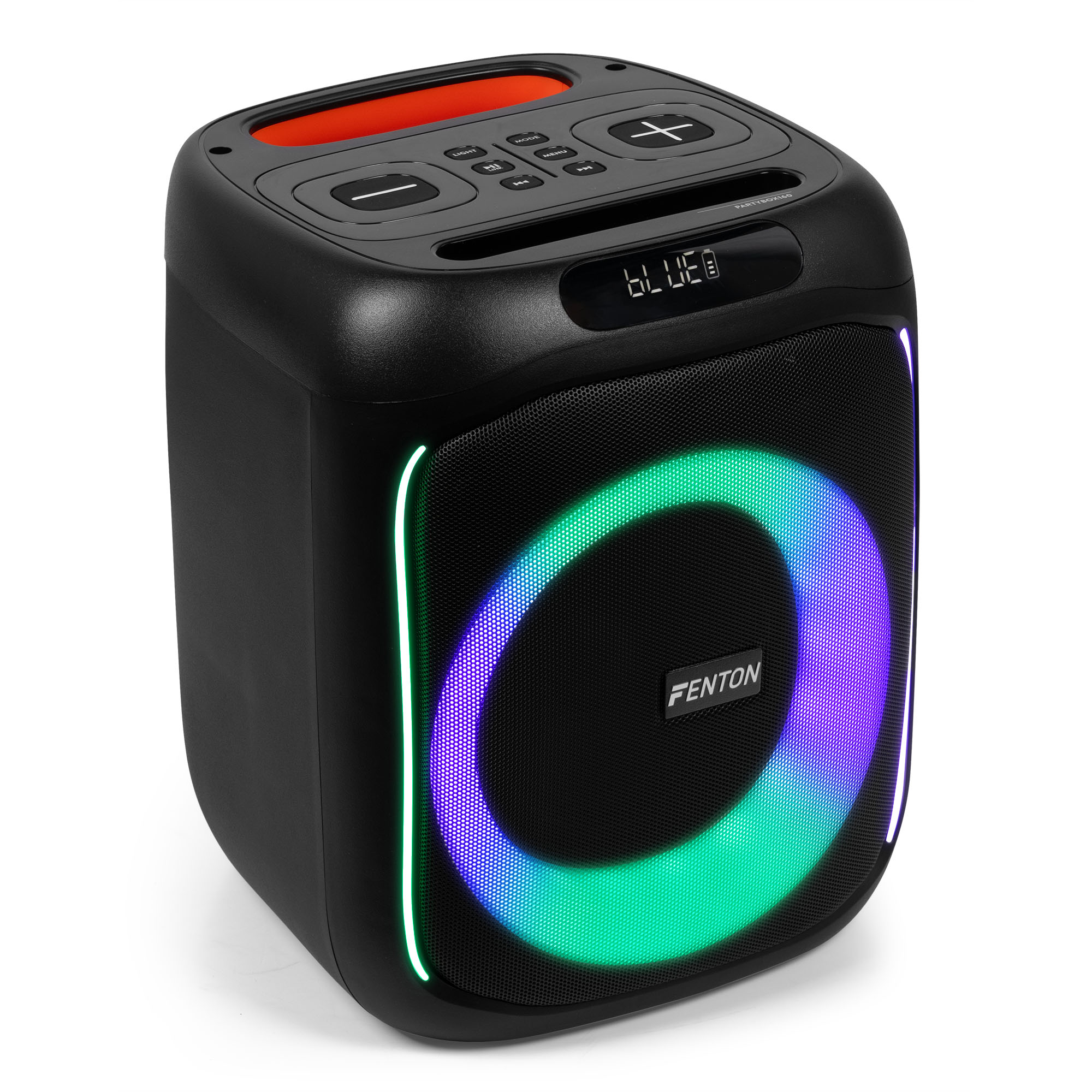 Altavoz negro con luces LED coloridas y una luz circular brillante, con una parte superior naranja.