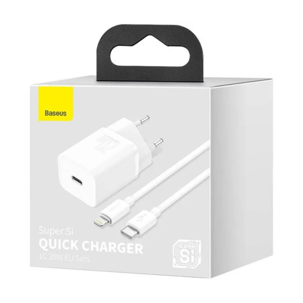 Un chargeur blanc avec un câble et une poignée noire.