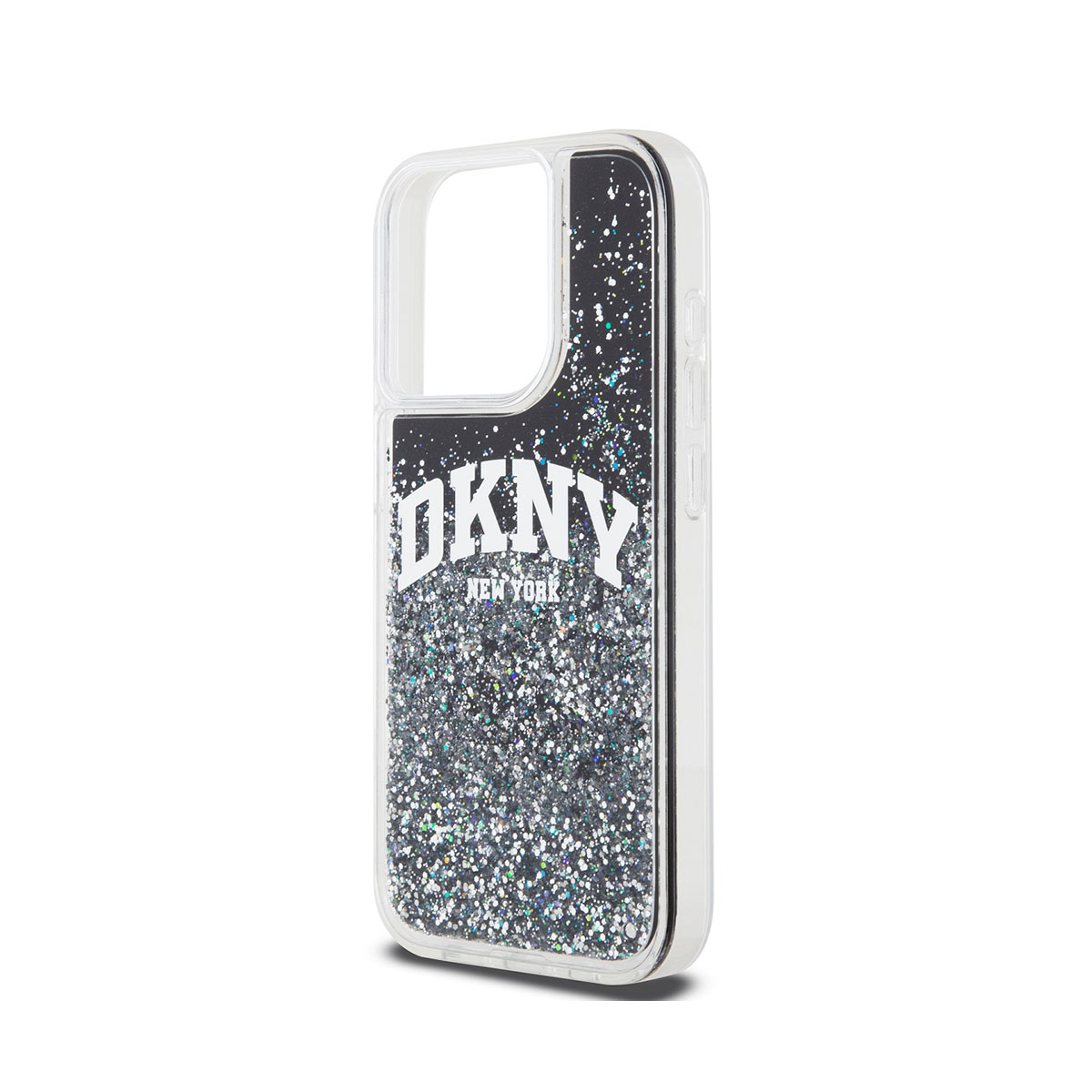 Custodia trasparente per telefono con logo DKNY e glitter.