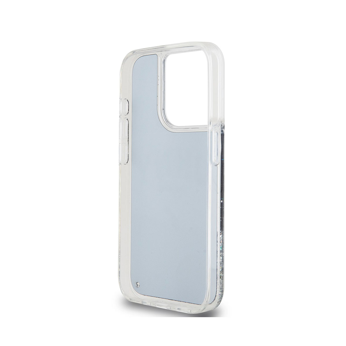 Custodia trasparente per telefono con retro blu, glitter e bordo trasparente.