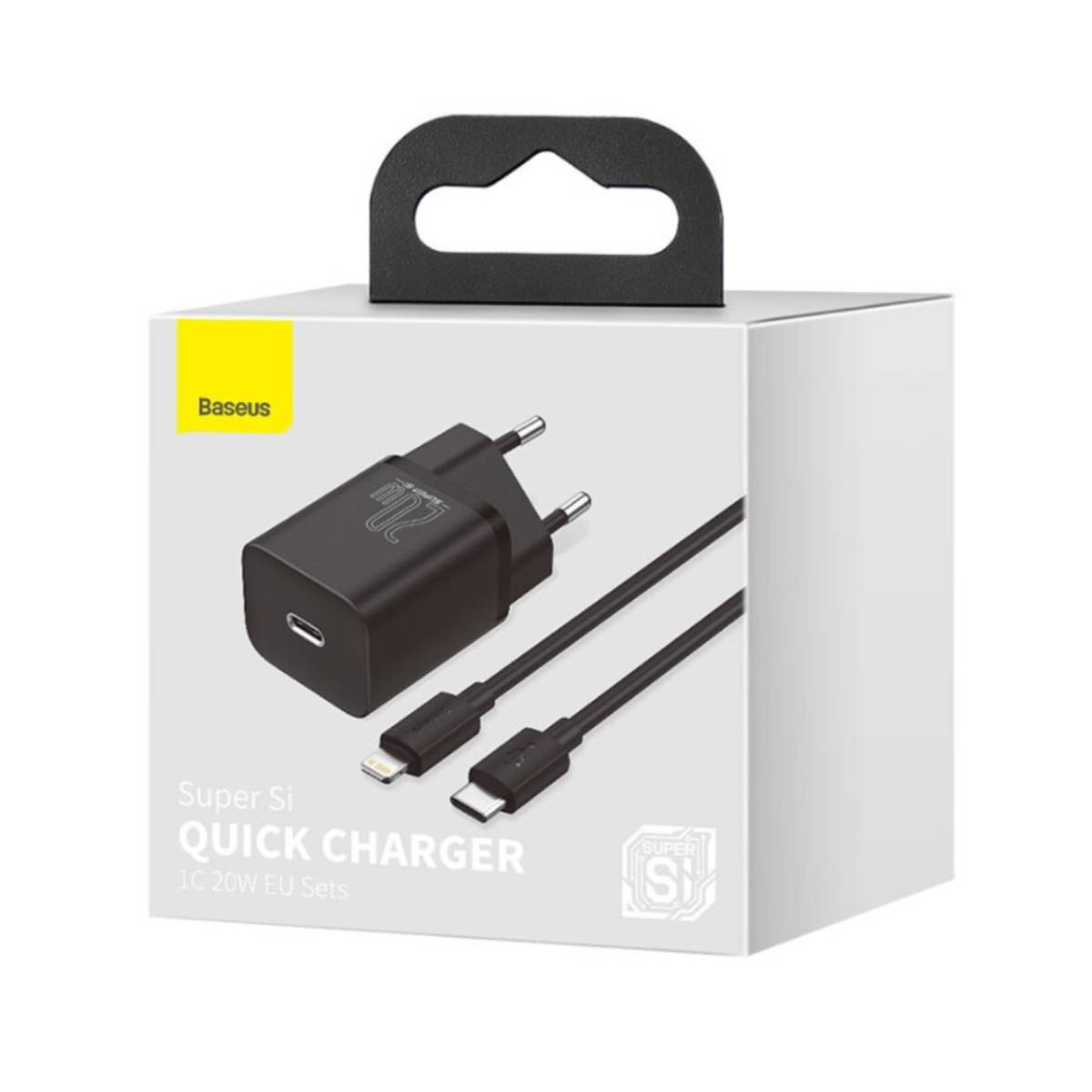 Pudełko zawierające czarną ładowarkę i kabel, z tekstem wskazującym, że jest to szybka ładowarka.