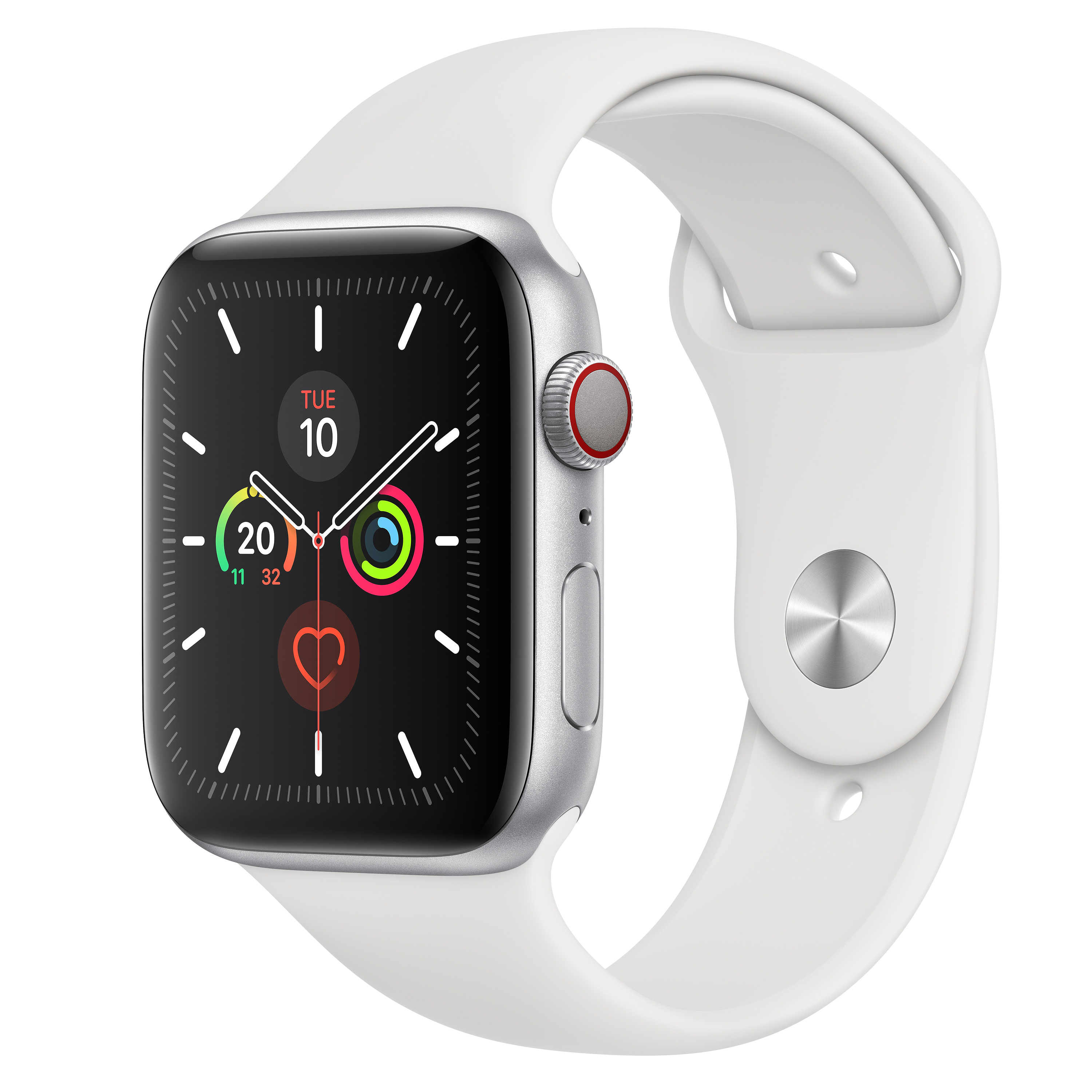 Apple Watch con cinturino bianco, che mostra l'ora e la frequenza cardiaca.