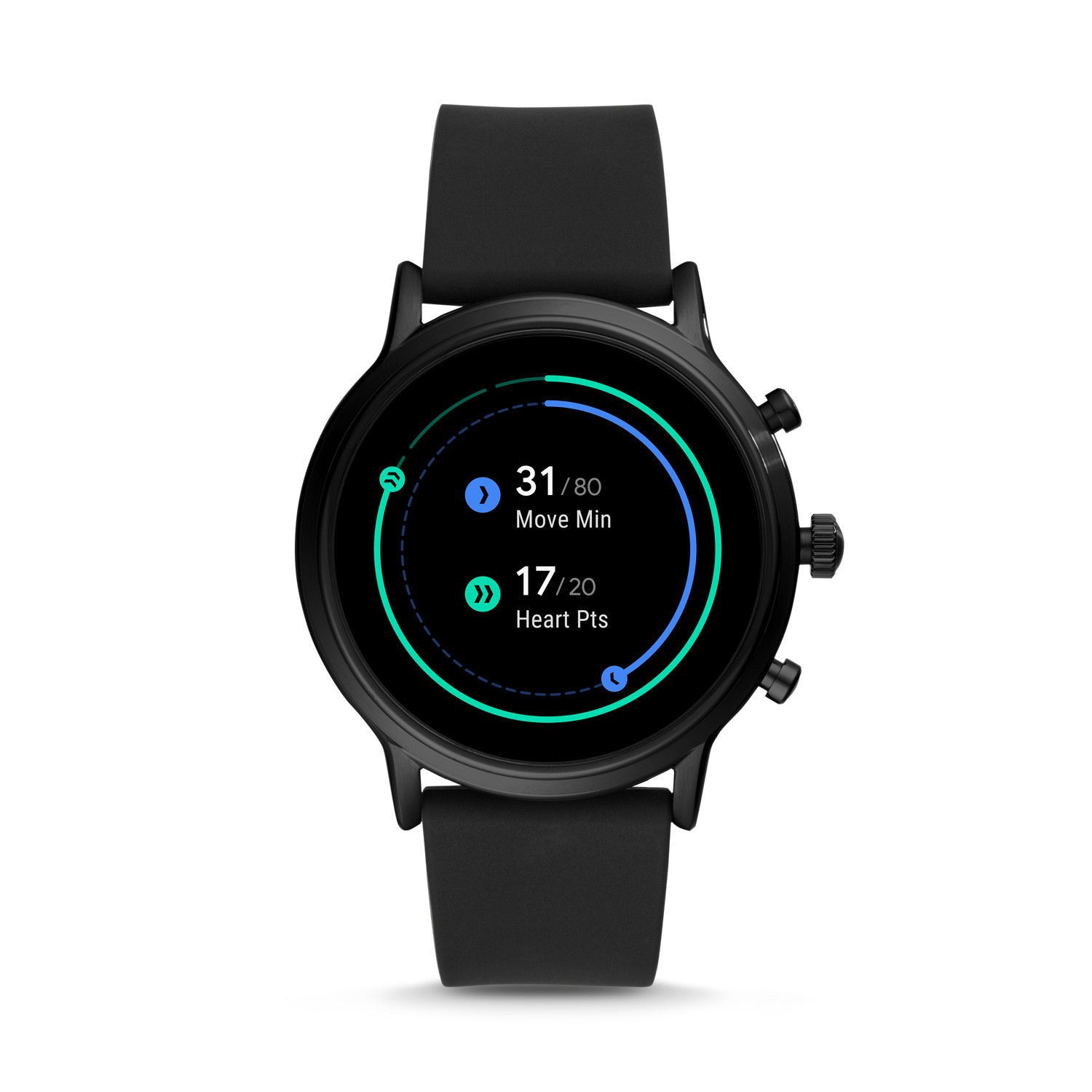 Schwarze Smartwatch mit rundem Display, das Fitnessdaten anzeigt. Es hat ein schwarzes Armband.