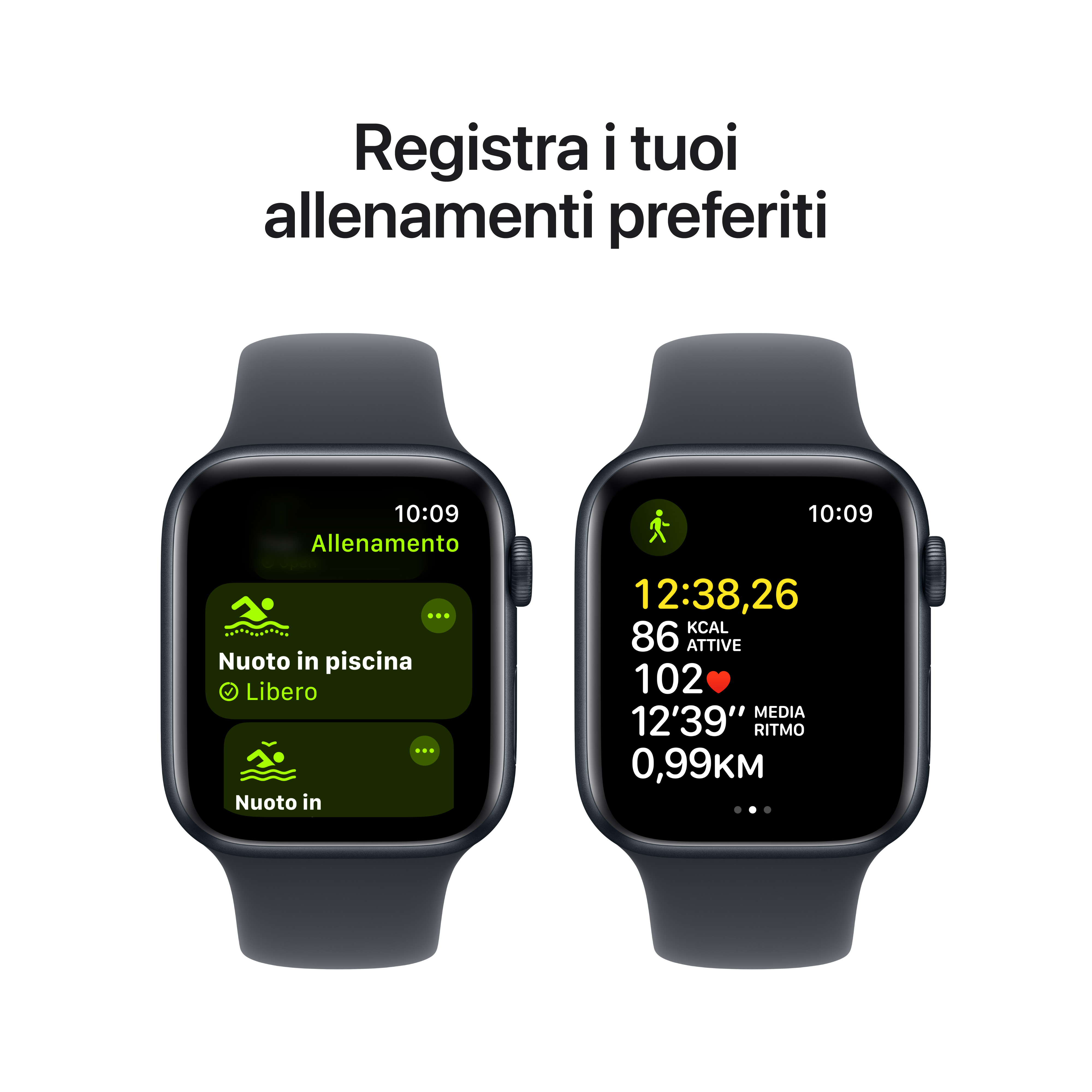 Dwa smartwatche wyświetlają dane treningowe. Czarne paski. Białe tło.