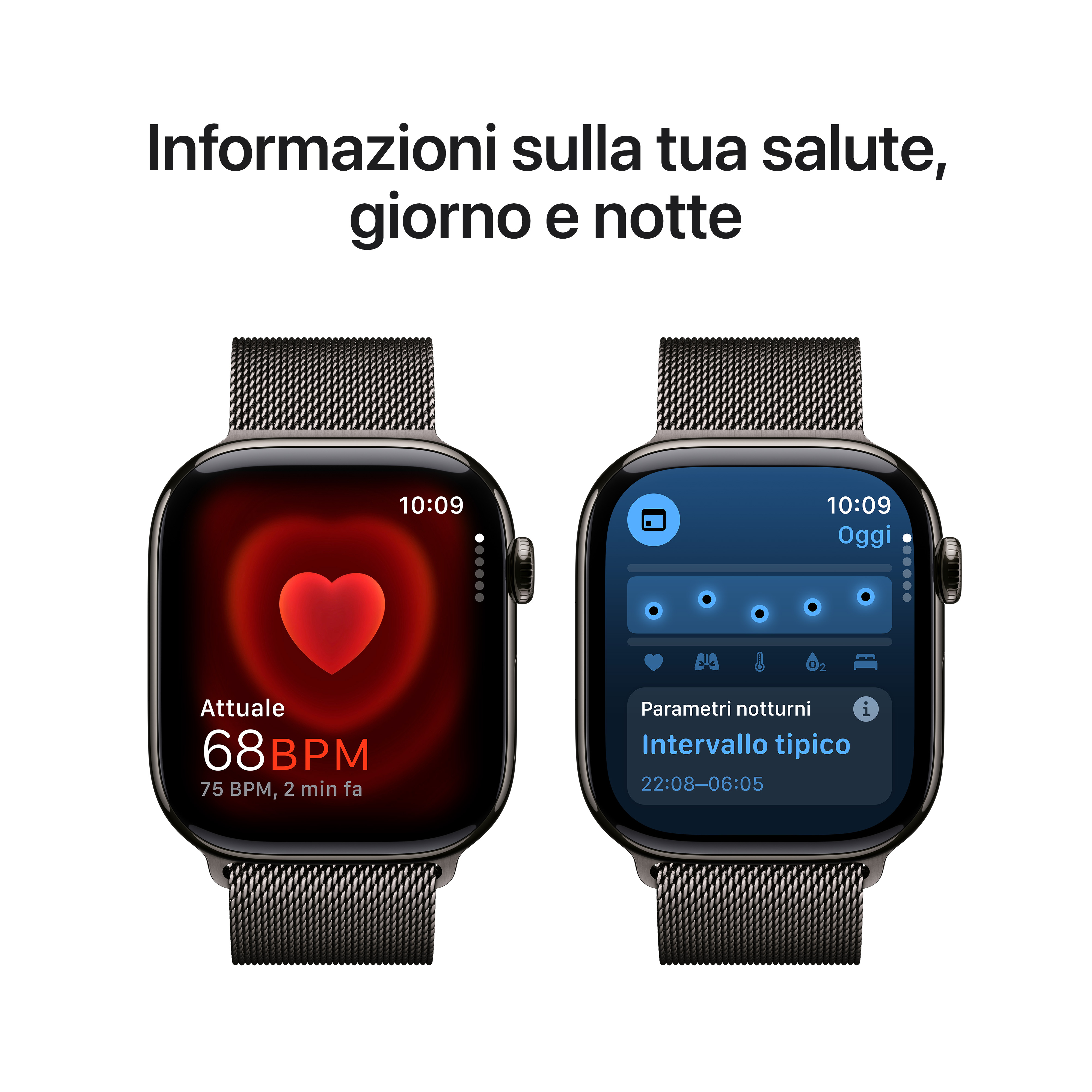 Dos Apple Watches muestran métricas de salud. Uno muestra frecuencia cardíaca, otro actividad diaria.