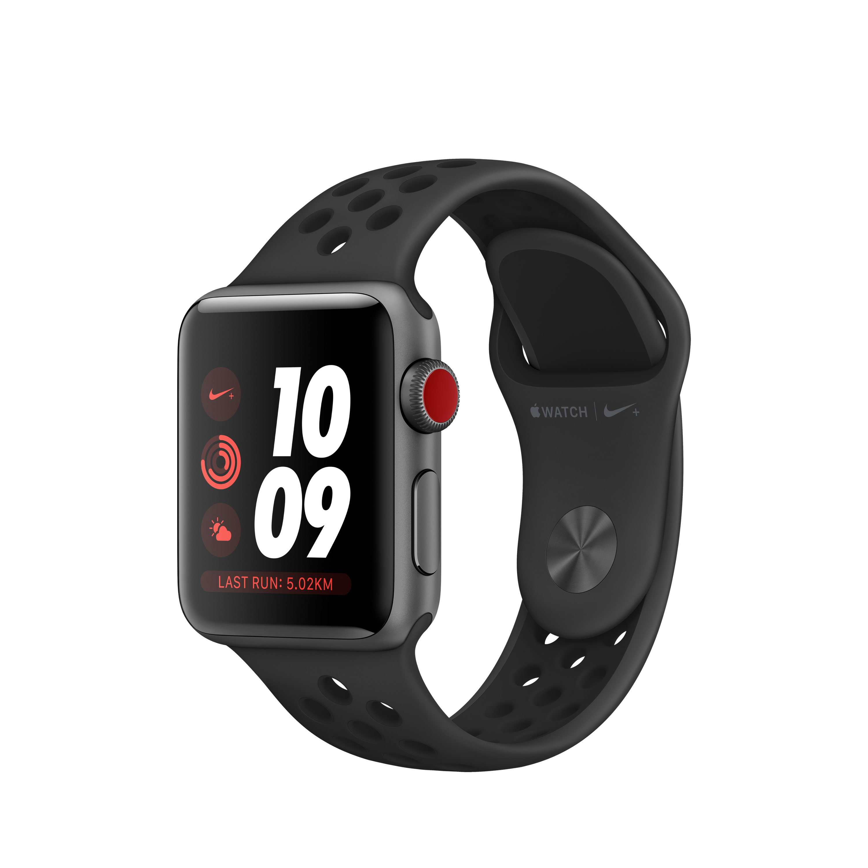 Eine Apple Watch mit schwarzem Armband, zeigt Zeit- und Fitnessdaten, einschließlich Nike-Logo.