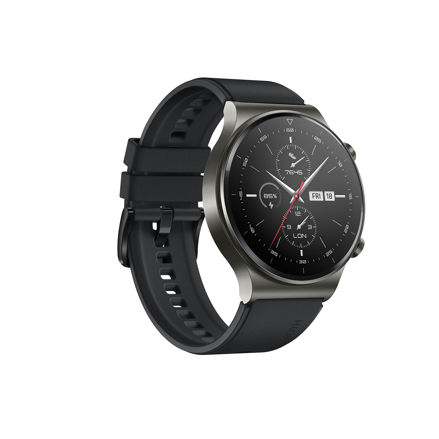 Eine schwarze Smartwatch mit rundem Bildschirm und schwarzem Kautschukarmband.