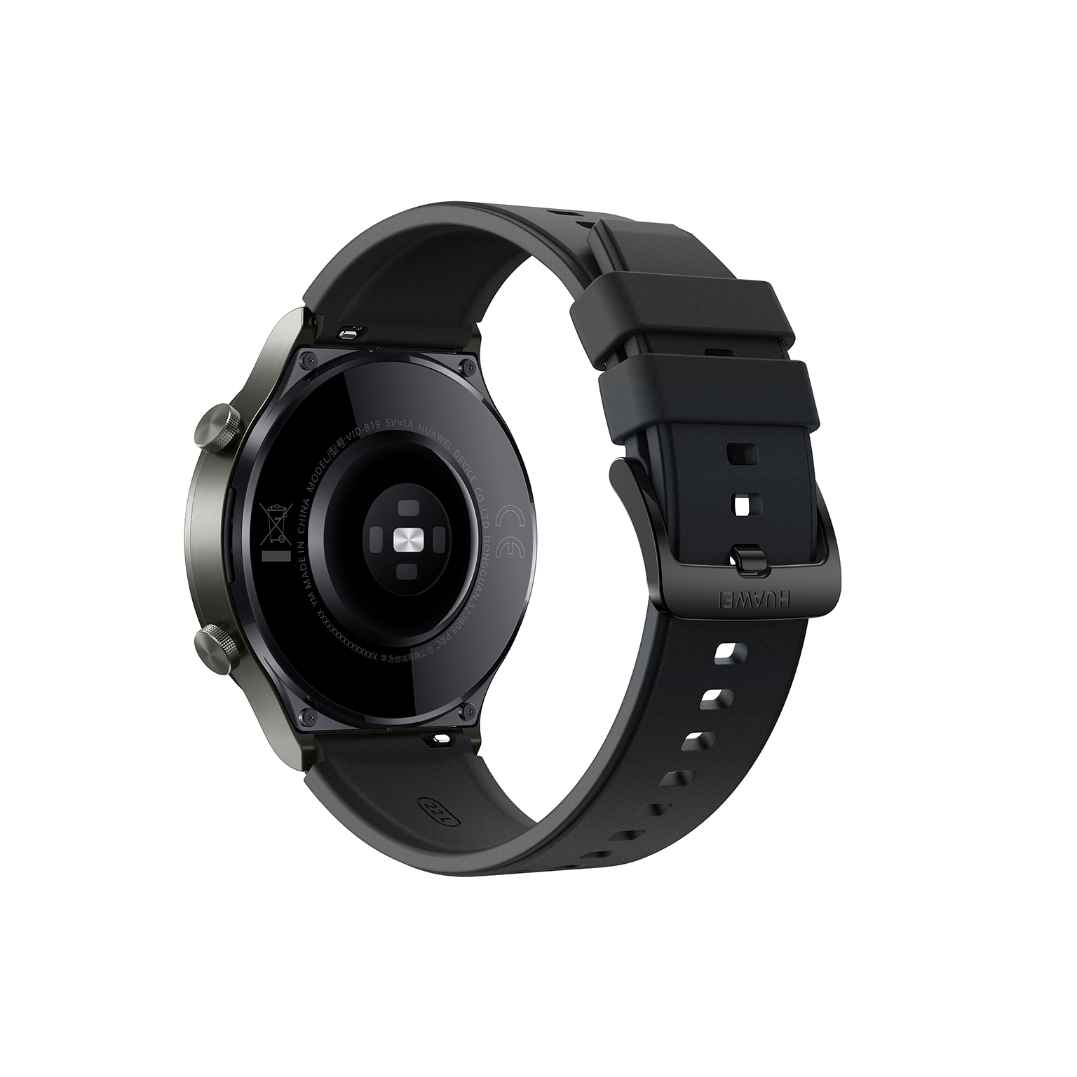 Rückansicht einer silber-schwarzen Smartwatch mit schwarzem Armband und Herzfrequenzsensor.