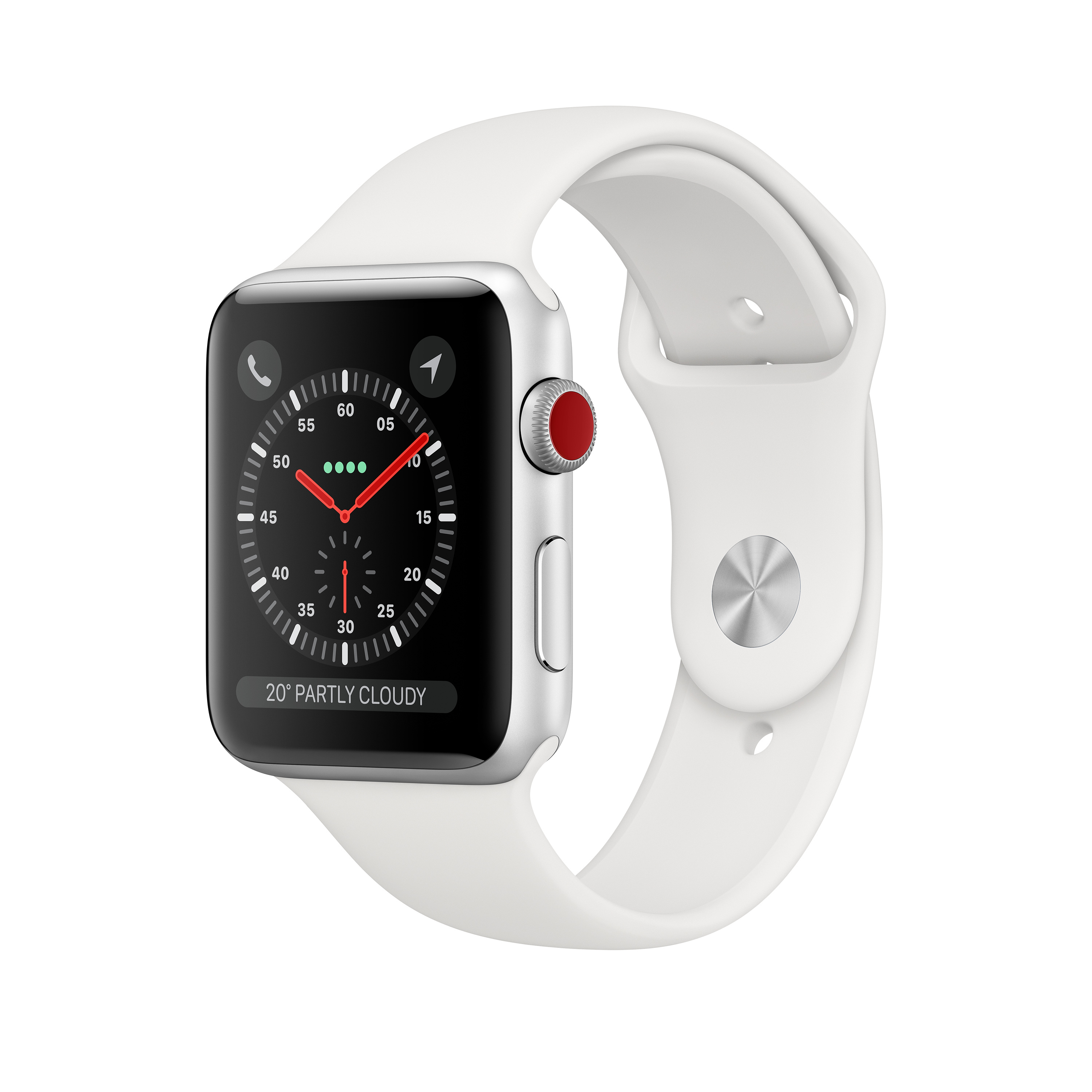Eine weiße Apple Watch mit weißem Armband, zeigt die Uhrzeit und einen roten Knopf.