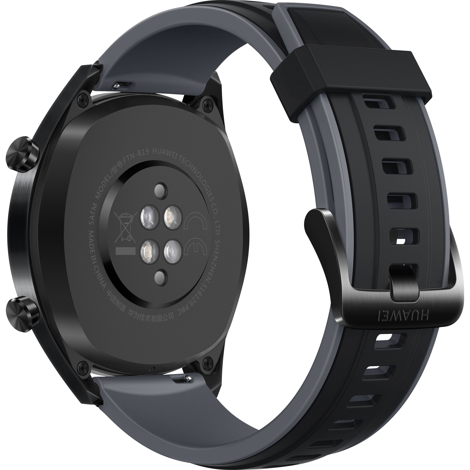 Eine schwarze Smartwatch mit grauem Armband, die die Unterseite mit Sensoren zeigt.