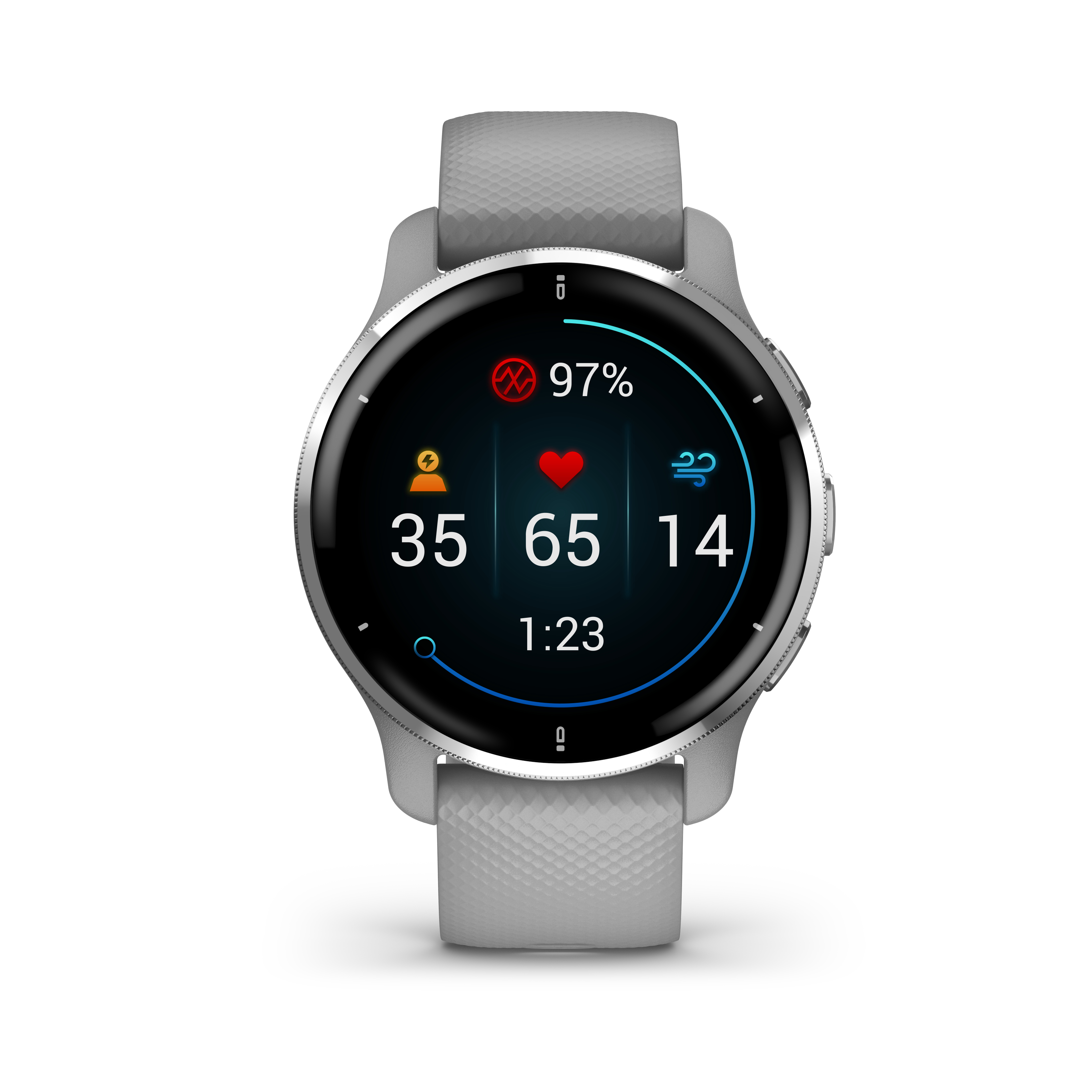 Eine graue Smartwatch zeigt Gesundheitsdaten an: 97% Akku, 35 bpm, 65 bpm, 14 und 1:23.
