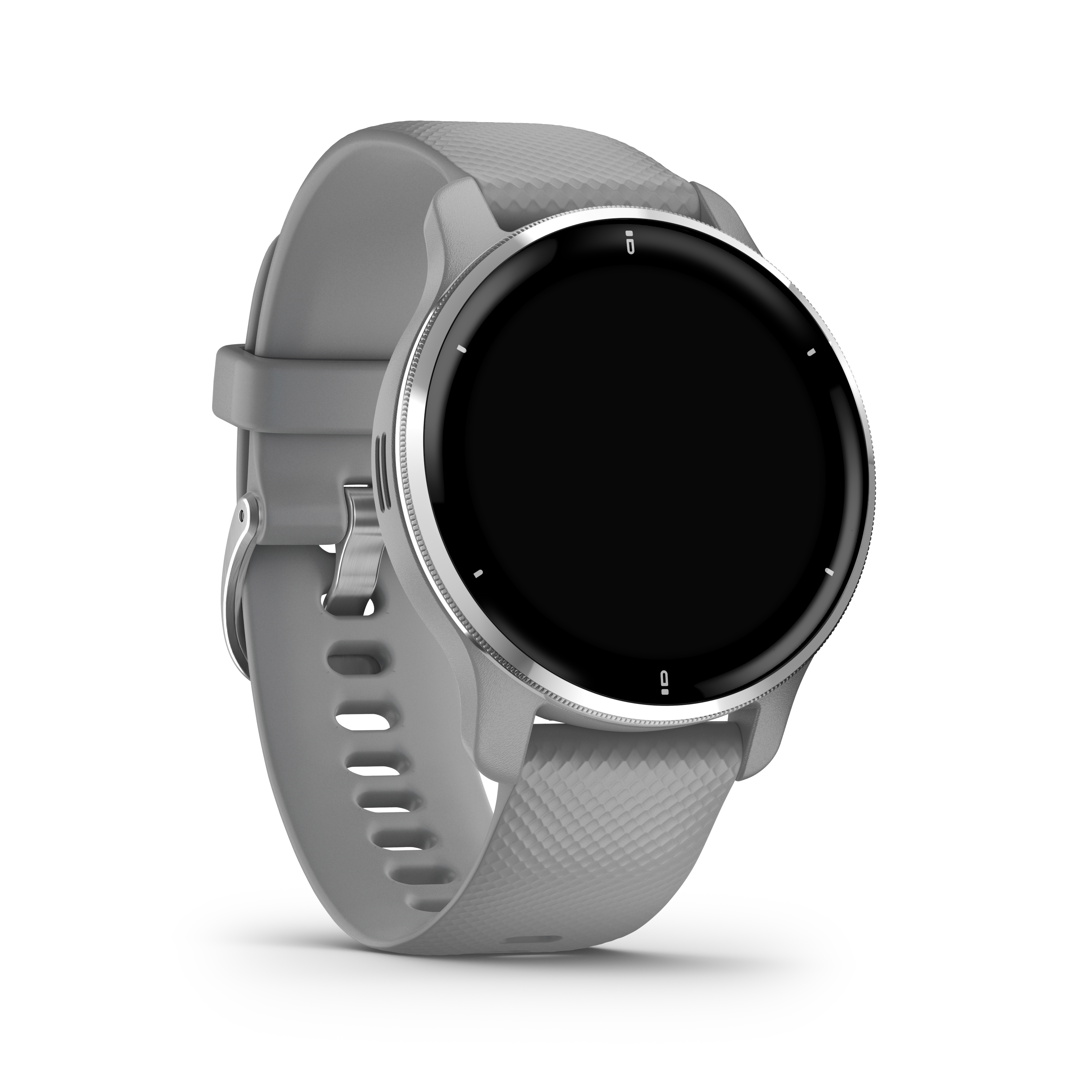 Graue Smartwatch mit schwarzem Bildschirm und grauem Armband, weißer Hintergrund.