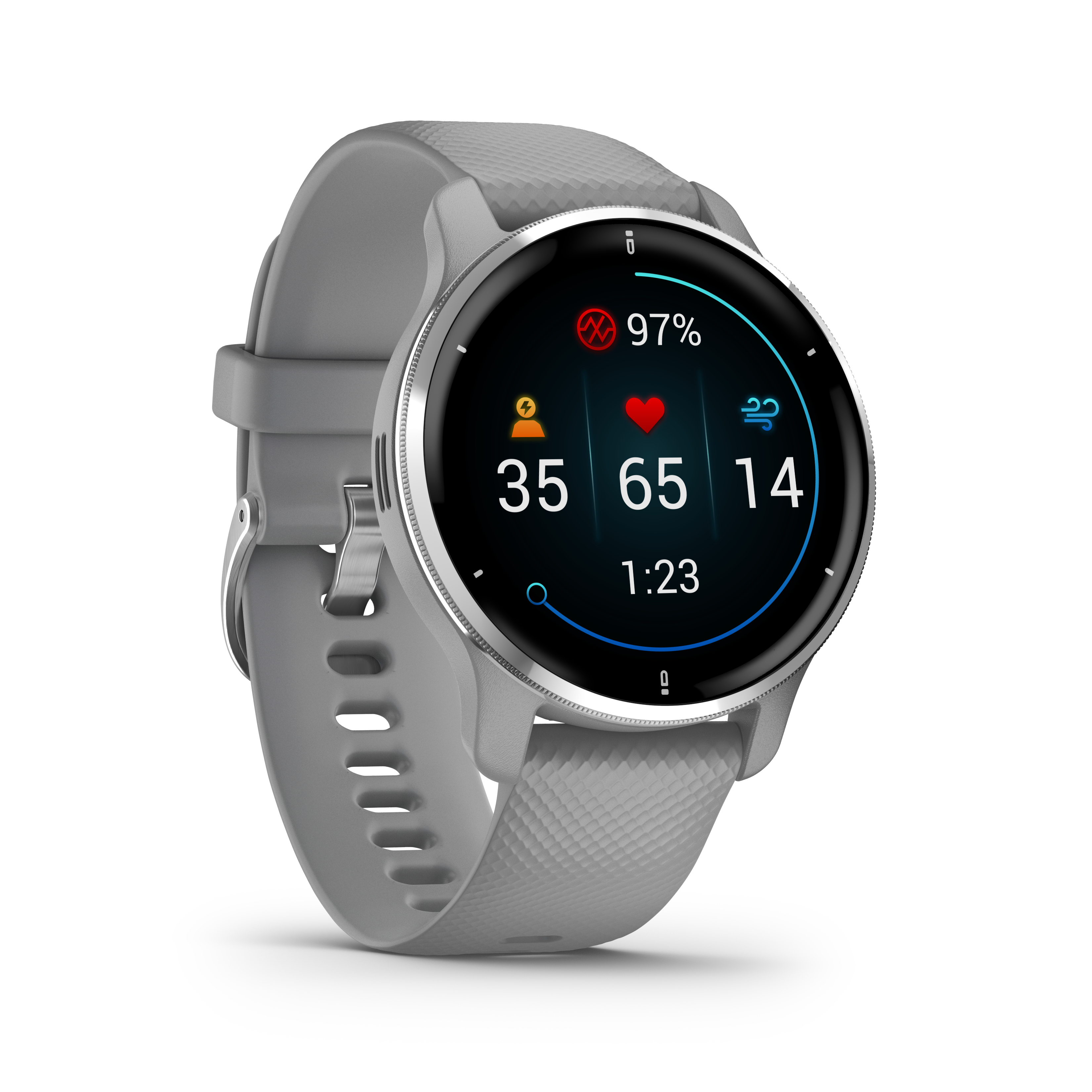Eine graue Smartwatch, die Gesundheitsmetriken anzeigt: Herzfrequenz, Schritte und Uhrzeit.