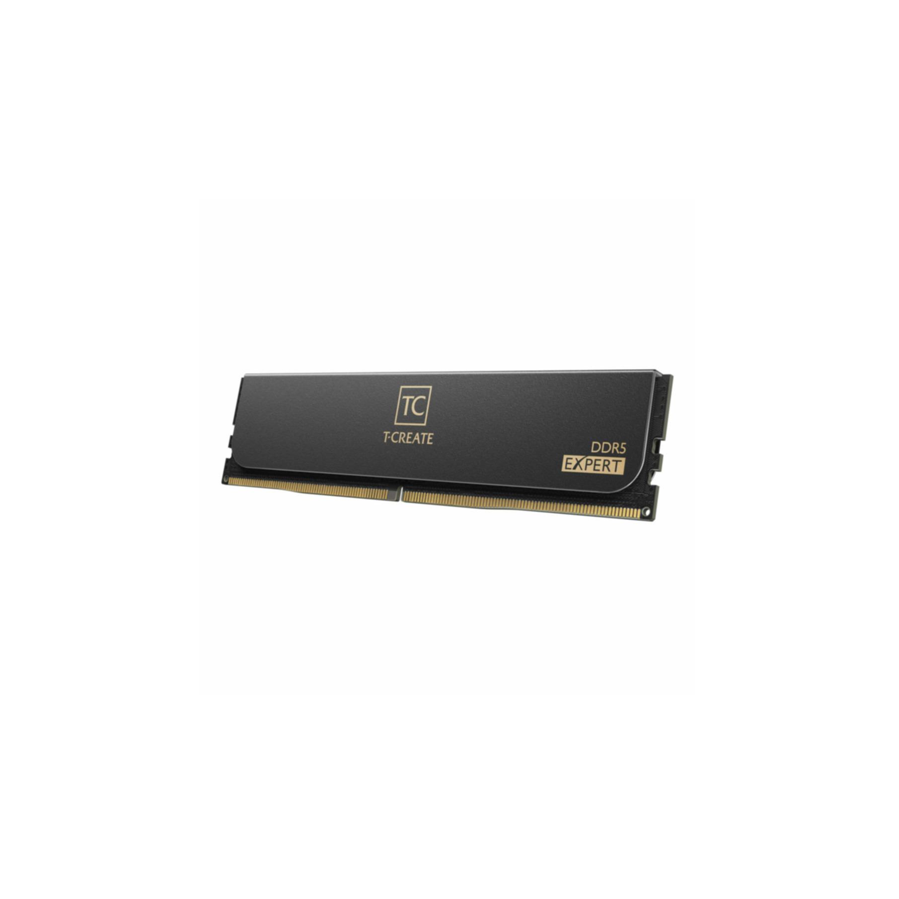 Un modulo RAM DDR5 nero con una striscia dorata in basso. Il marchio è T-CREATE.