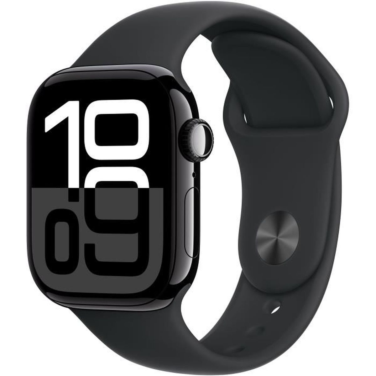 Eine schwarze Smartwatch mit schwarzem Armband, mit Gesundheitsdaten-Anzeige.