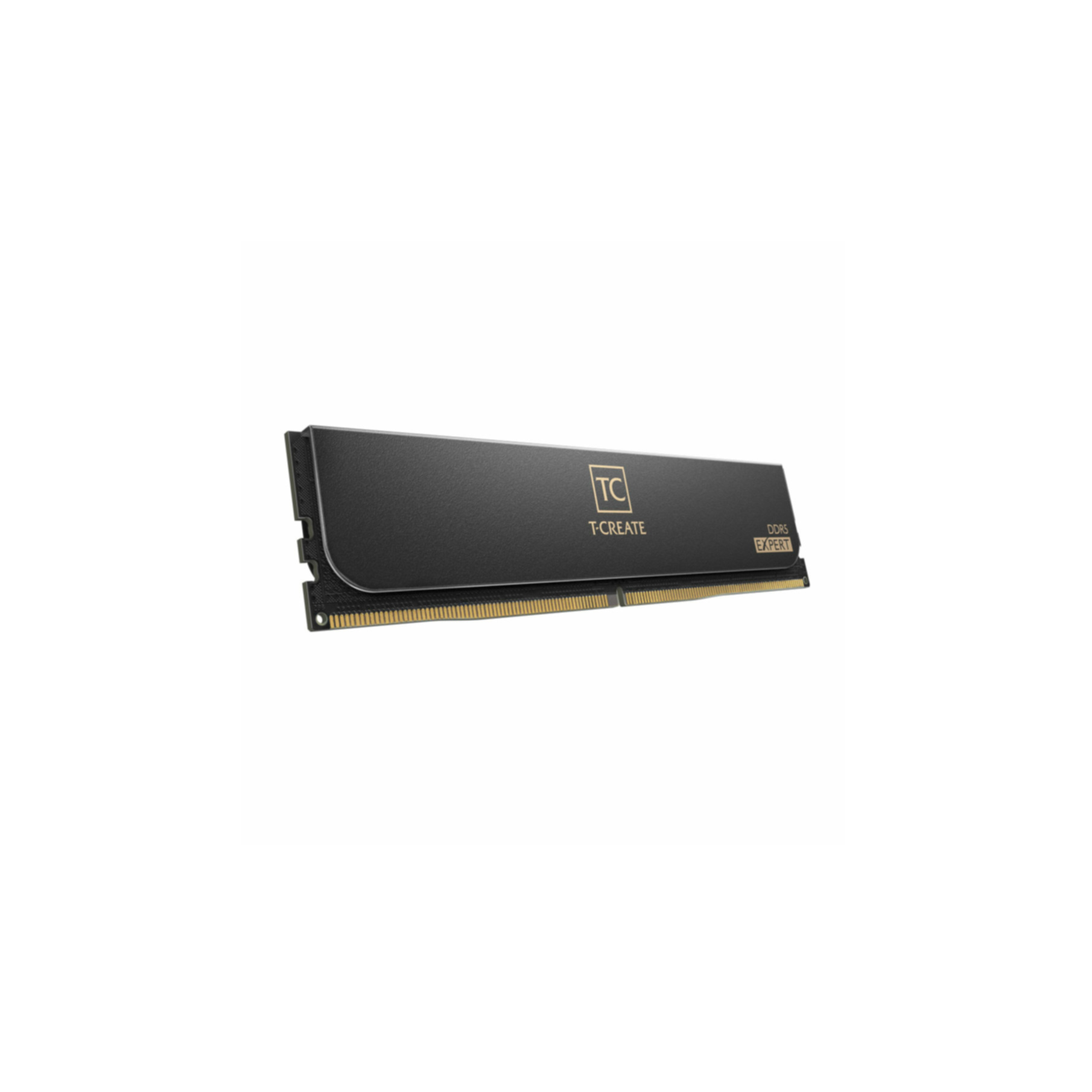Un modulo di memoria RAM nero e oro, con il marchio T-CREATE e un bordo dorato.