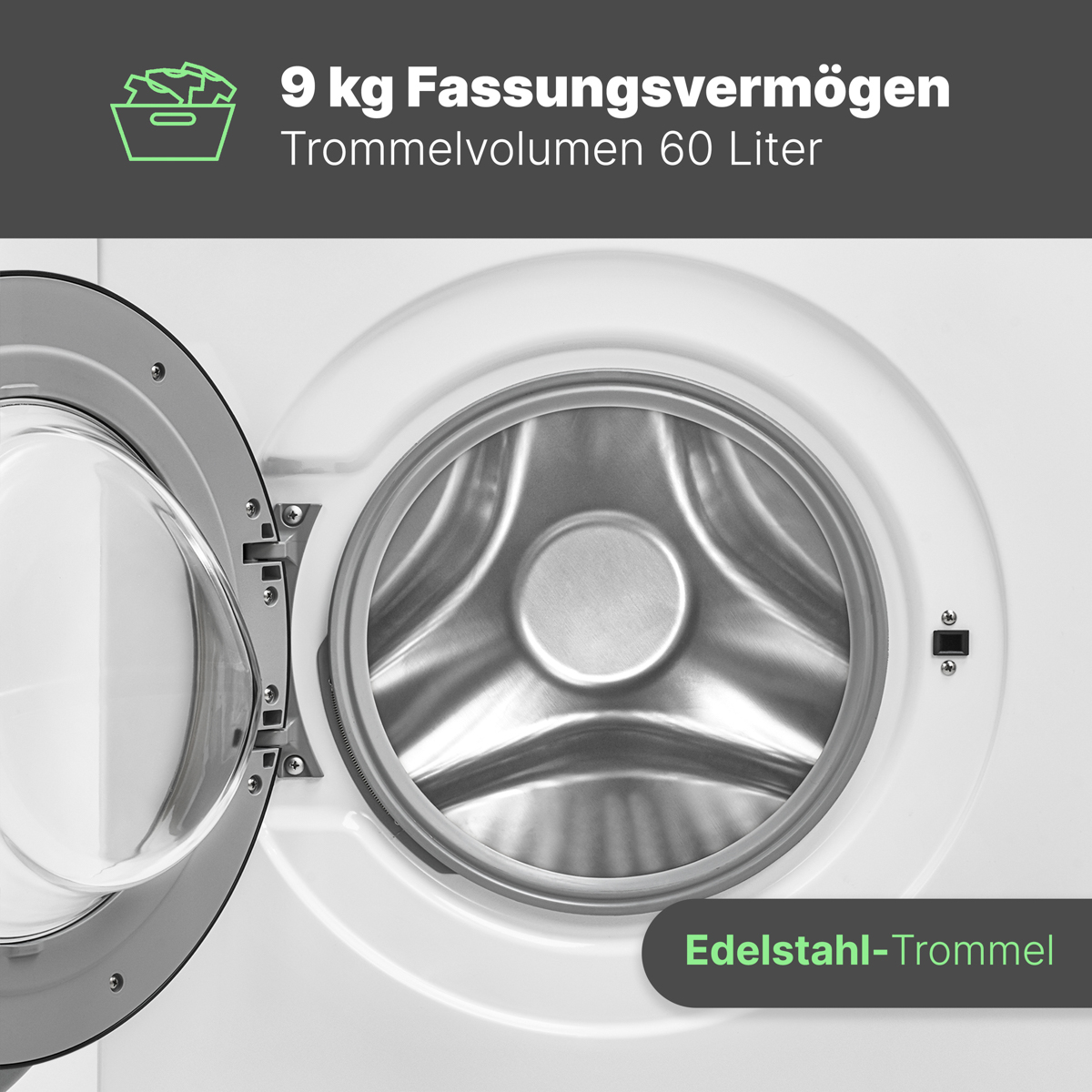 Eine Waschmaschine mit offener Tür. Die Edelstahltrommel ist im Inneren sichtbar.
