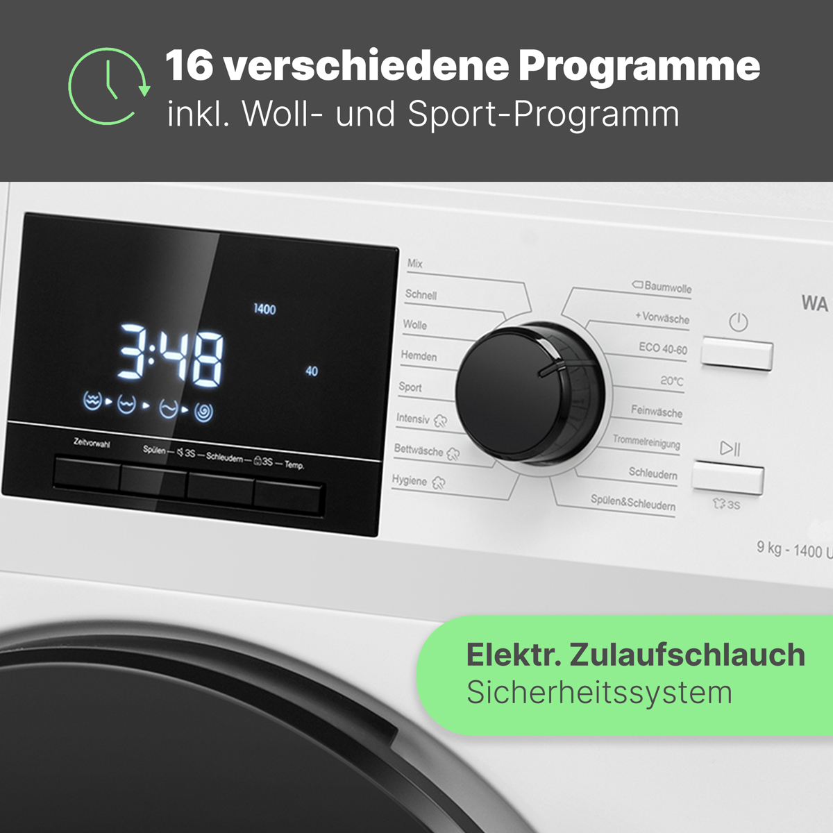 Waschmaschinen-Bedienfeld mit Anzeige 3:48 und verschiedenen Einstellungen.