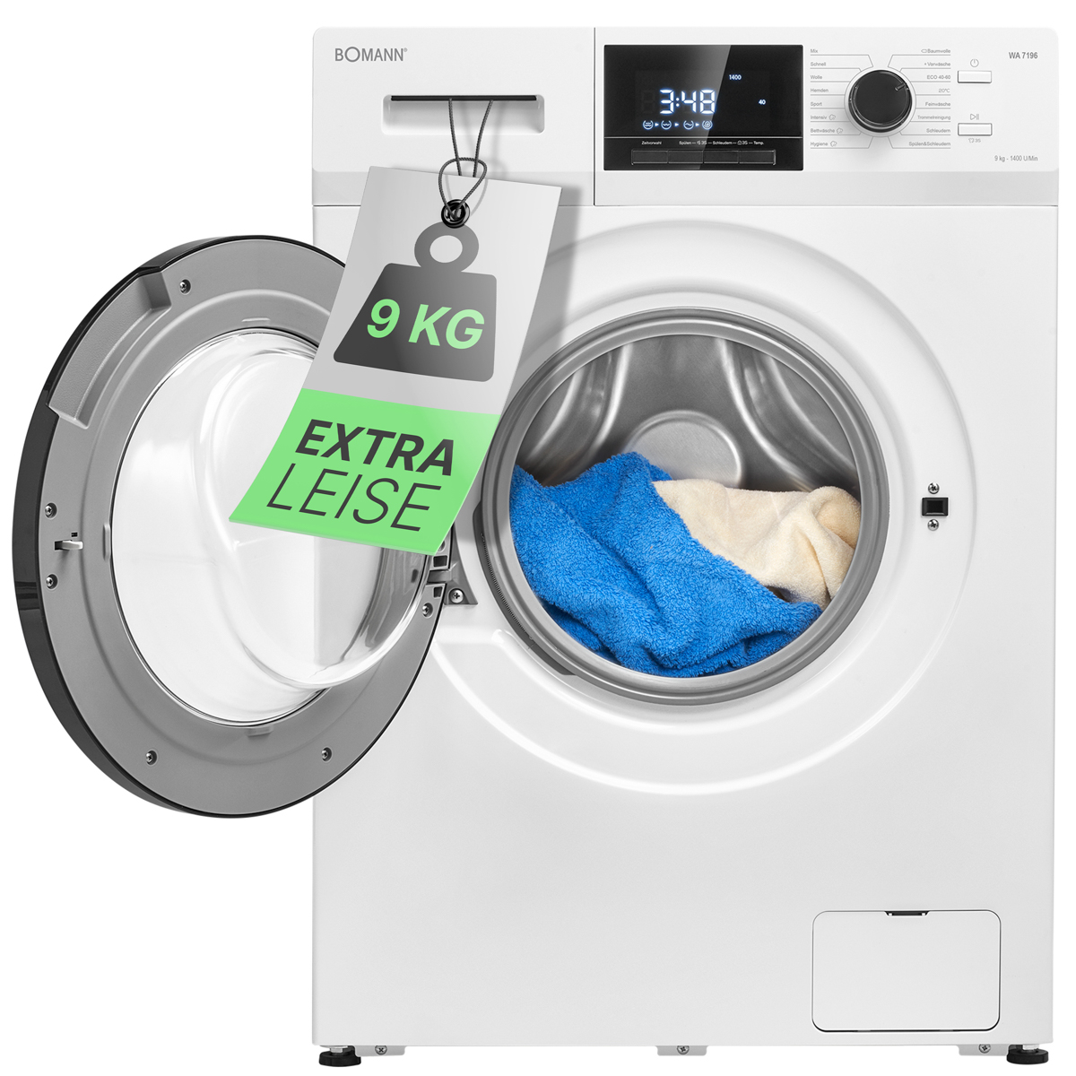 Waschmaschine mit offener Tür, mit einem großen Etikett mit der Aufschrift 9 KG EXTRA LEISE.