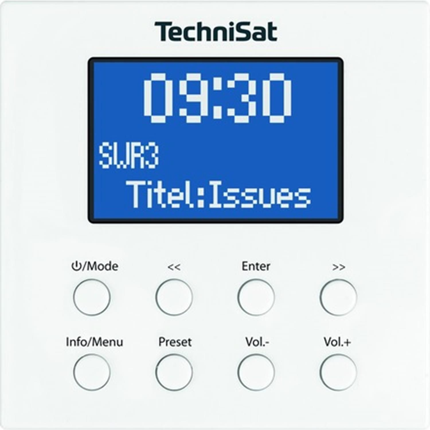 Dispositivo TechniSat bianco con display blu, mostra ora e info radio.