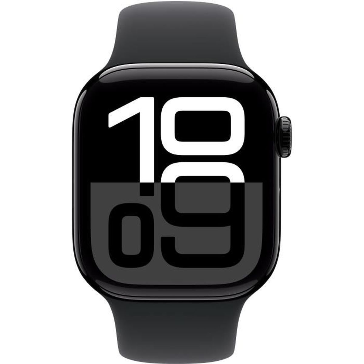 Czarny Apple Watch z czarnym paskiem, wyświetlający godzinę 10:09 na ekranie.