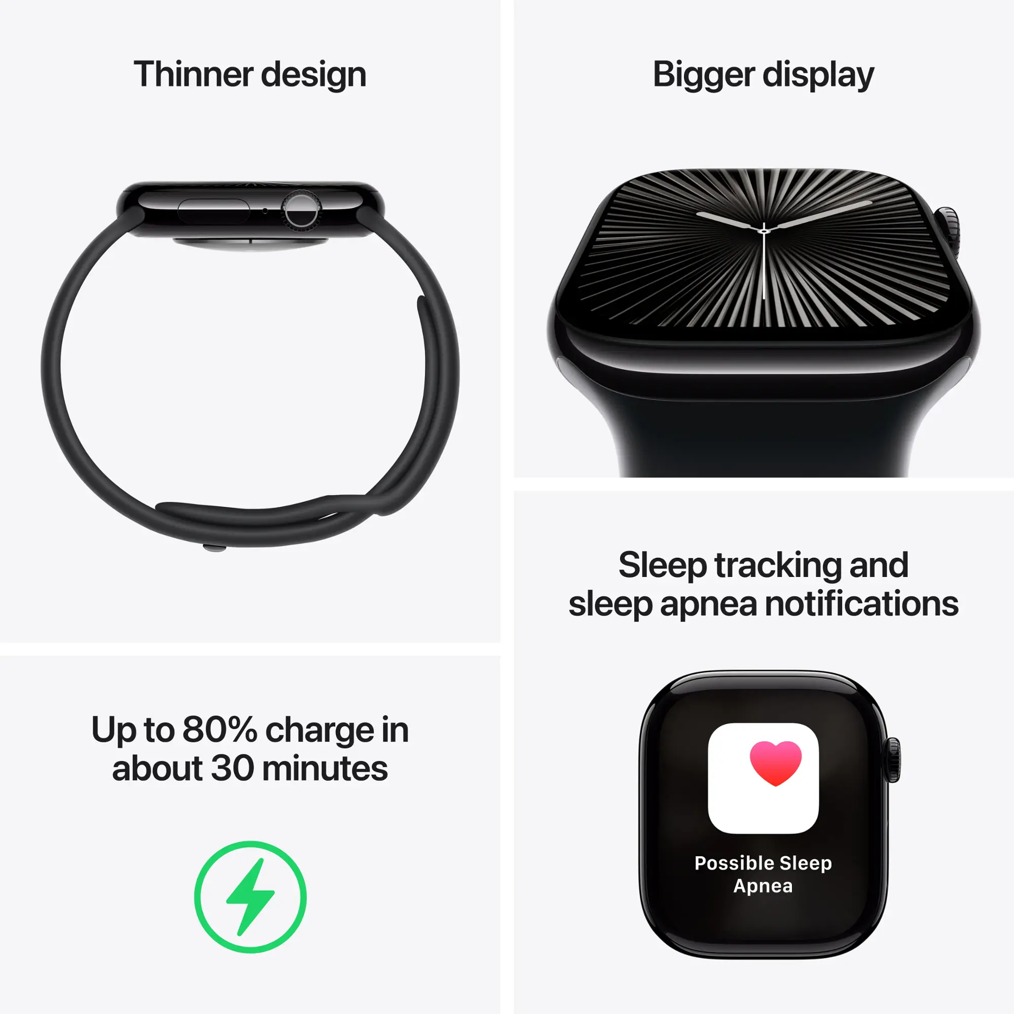 Funkcje Apple Watch: cieńszy design, większy wyświetlacz, śledzenie snu i szybkie ładowanie.