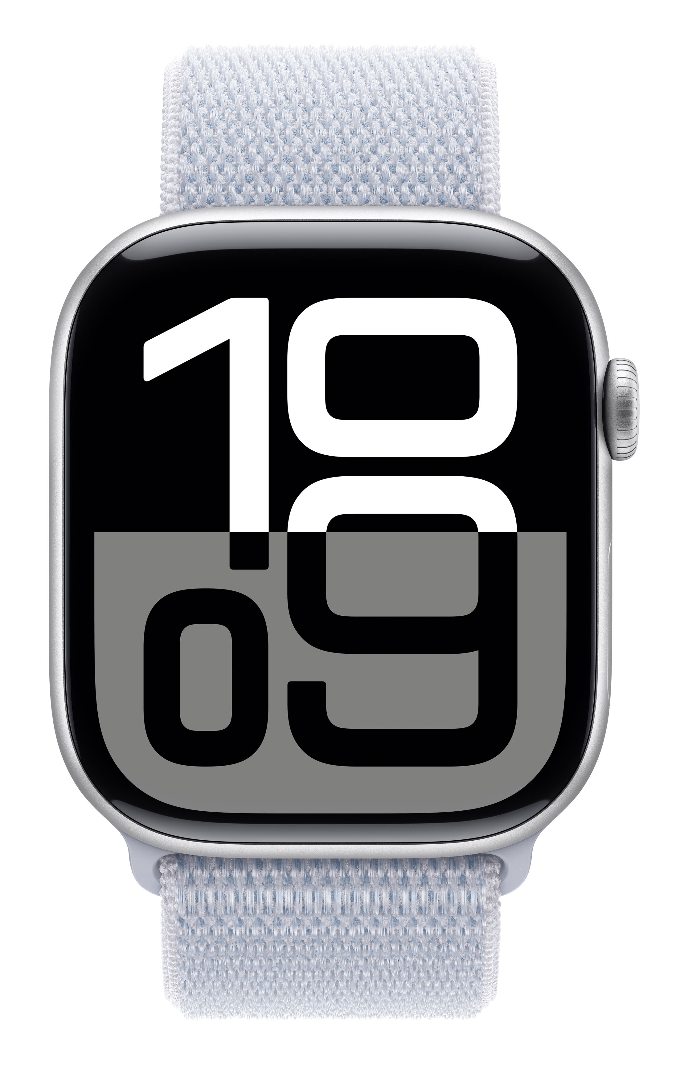 Zbliżenie srebrnego zegarka Apple z jasnoniebieskim paskiem z tkaniny, pokazujące godzinę.