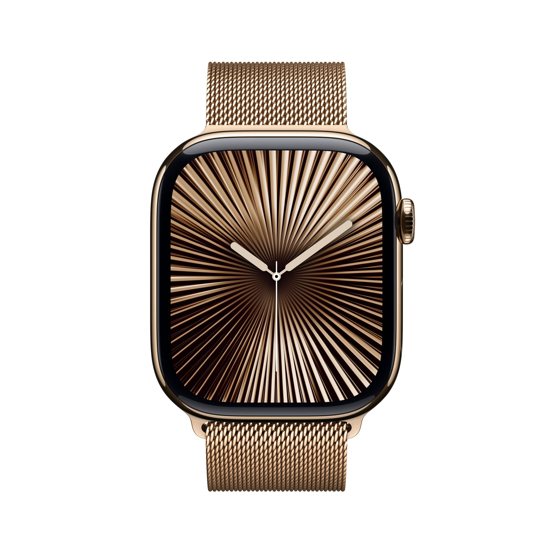 Złoty smartwatch ze złotym metalowym paskiem, wyświetlający tarczę zegarka z radialnym wzorem.