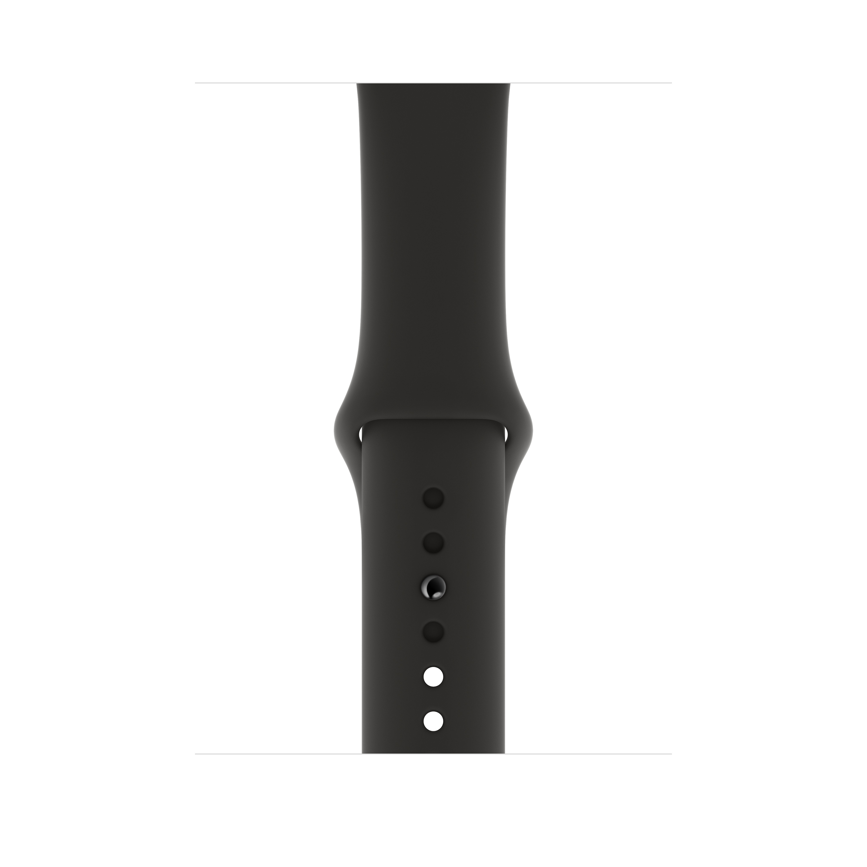 Primer plano de una correa negra de Apple Watch con agujeros para ajuste. Aislada en blanco.