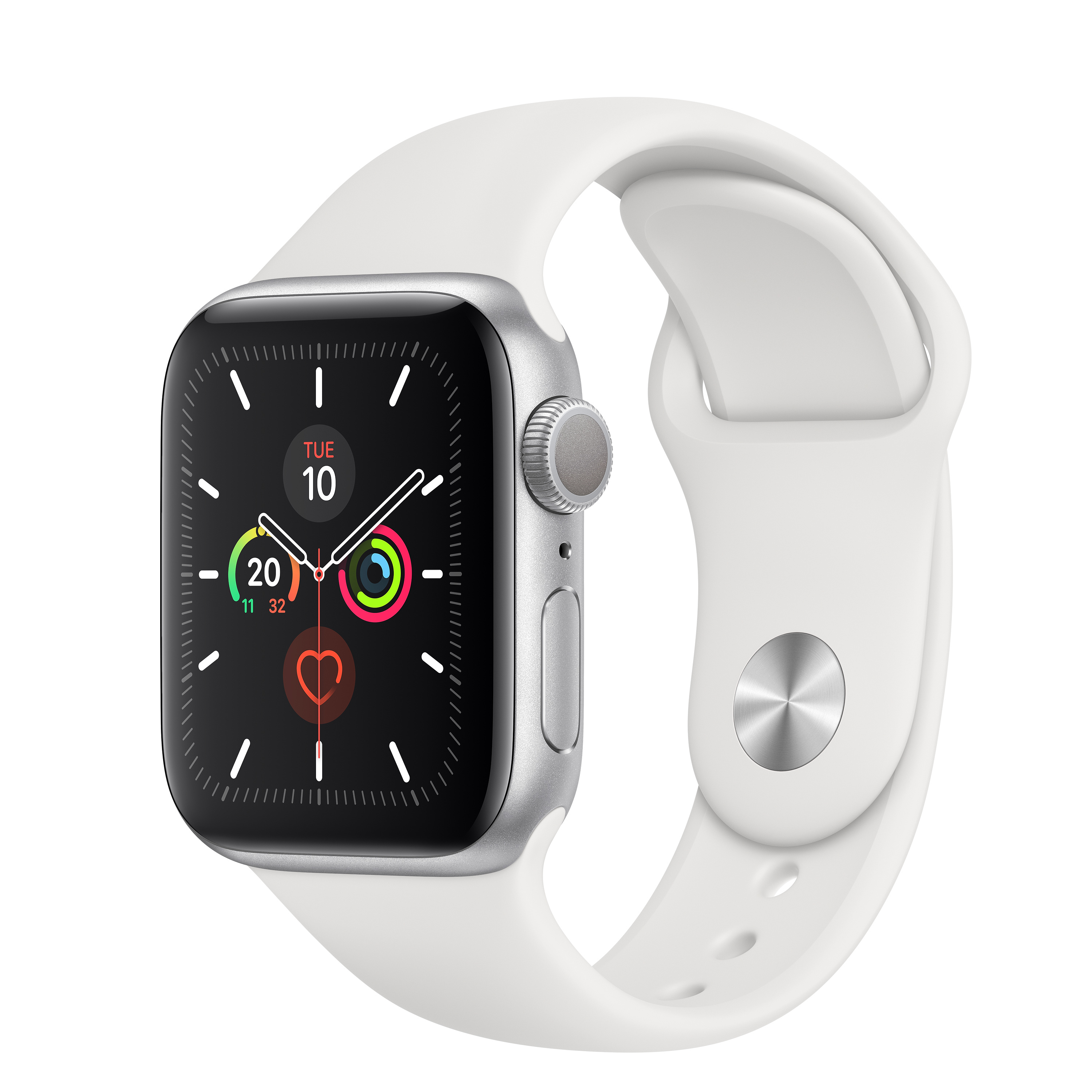 Un Apple Watch con correa blanca, caja plateada y esfera digital.