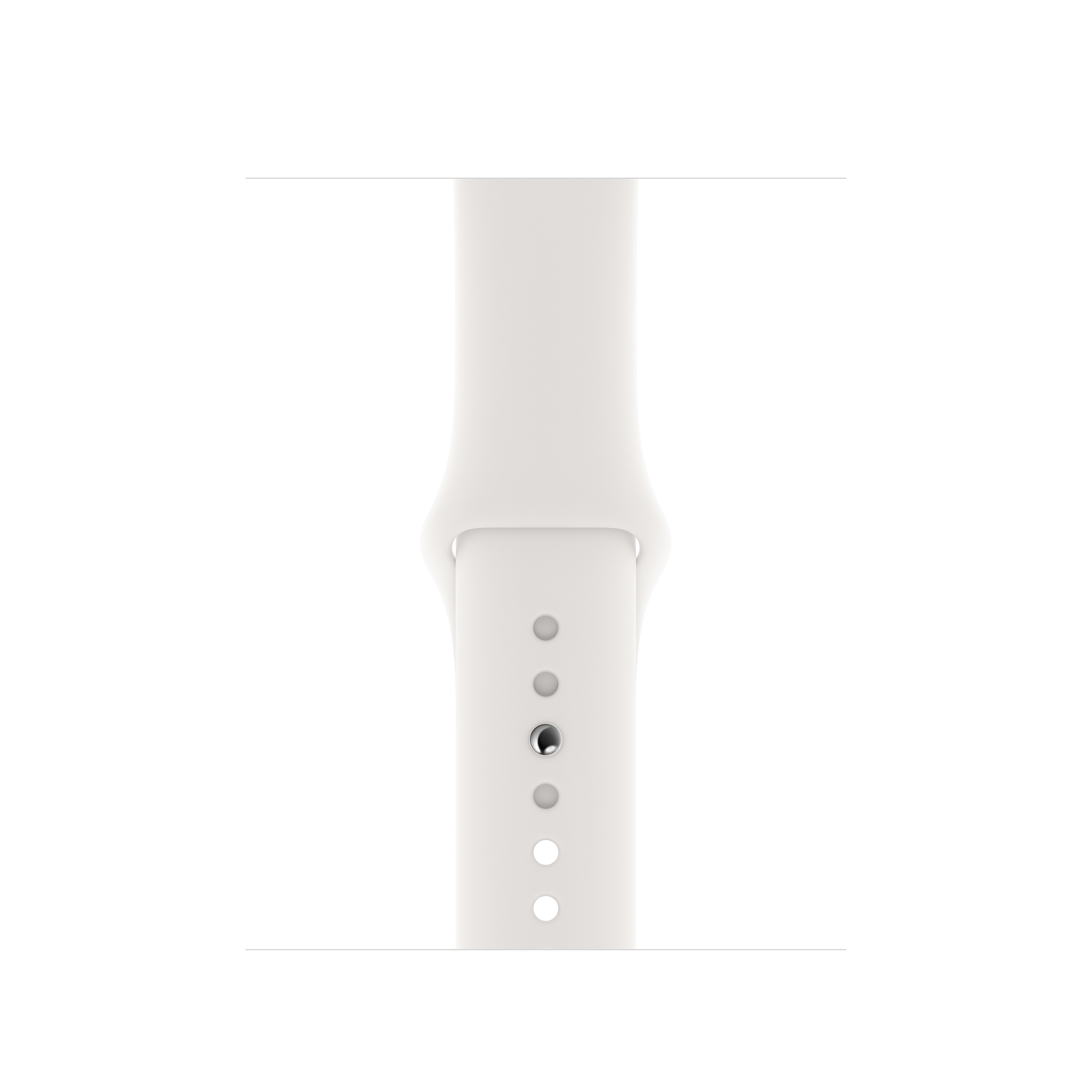 Primer plano de una correa blanca de Apple Watch con agujeros.