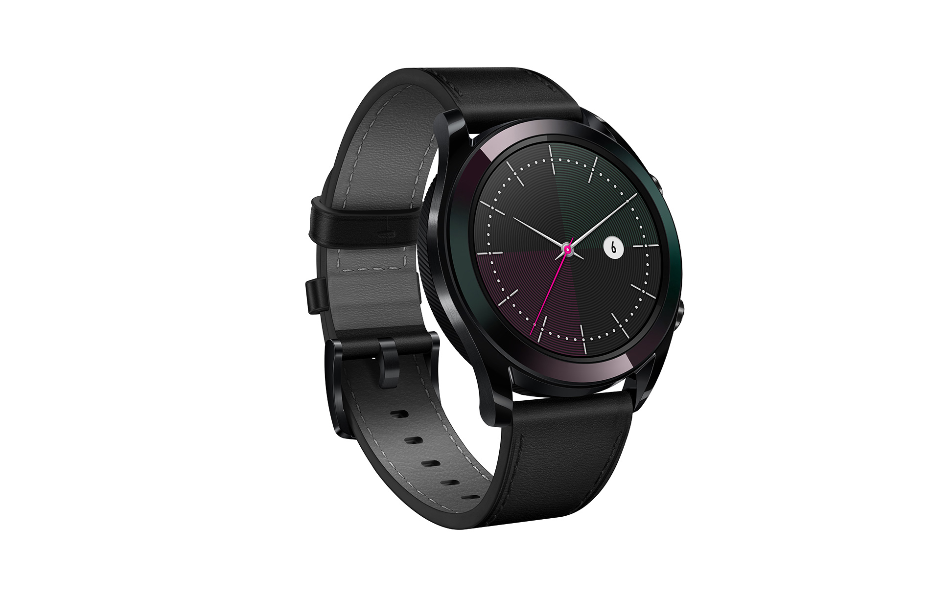 Eine schwarze Smartwatch mit schwarzem Lederarmband. Das Zifferblatt zeigt eine Uhr.