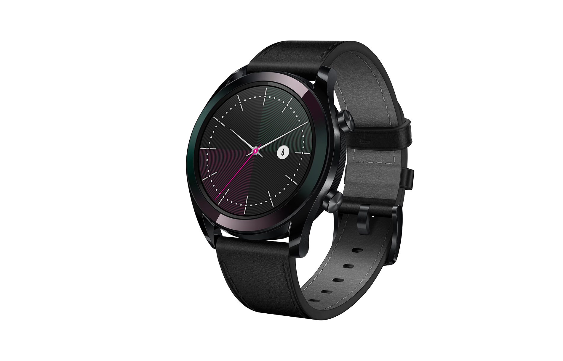 Schwarze Smartwatch auf Weiß. Schwarzes Lederarmband und ein dunkelfarbiger Bildschirm.