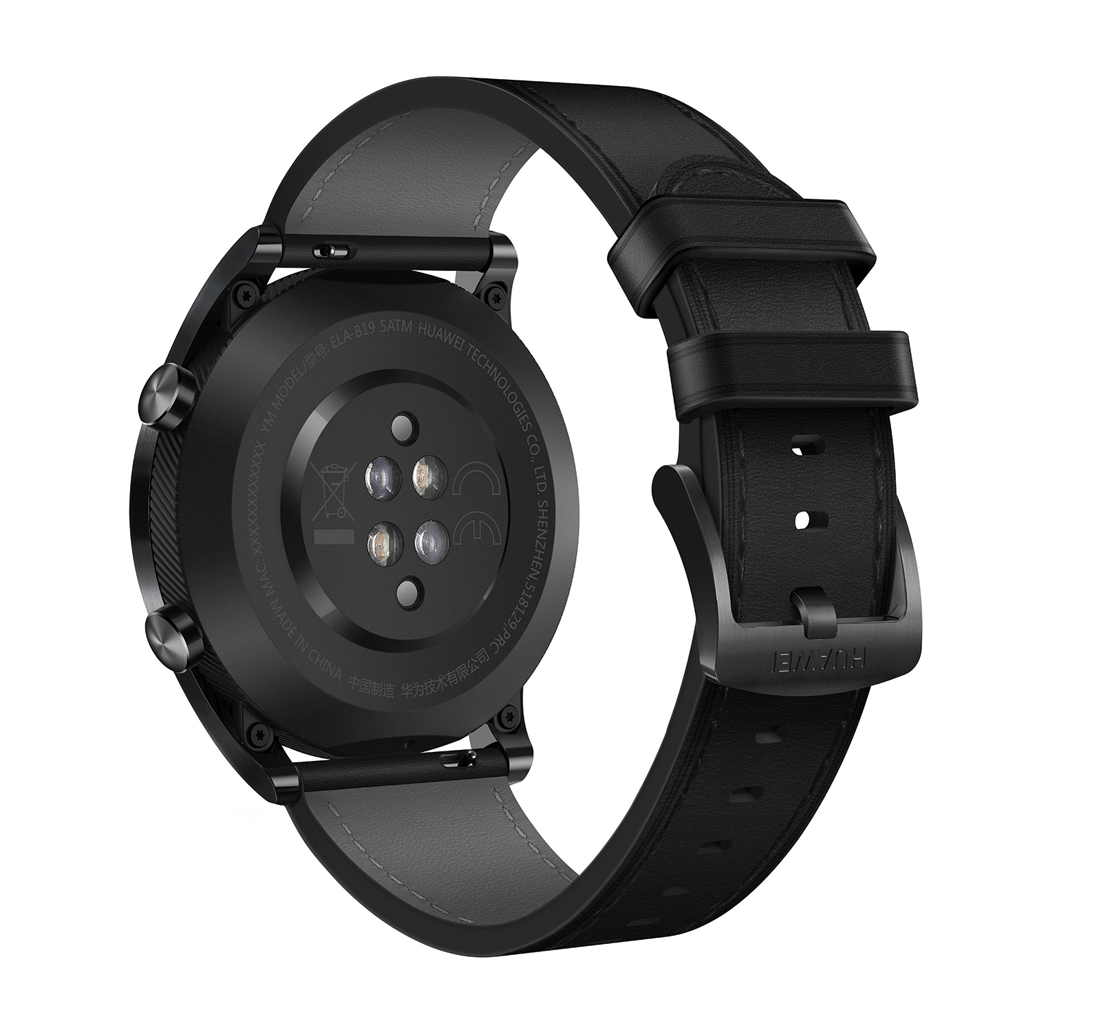 Eine schwarze Smartwatch mit einem schwarzen Lederarmband.