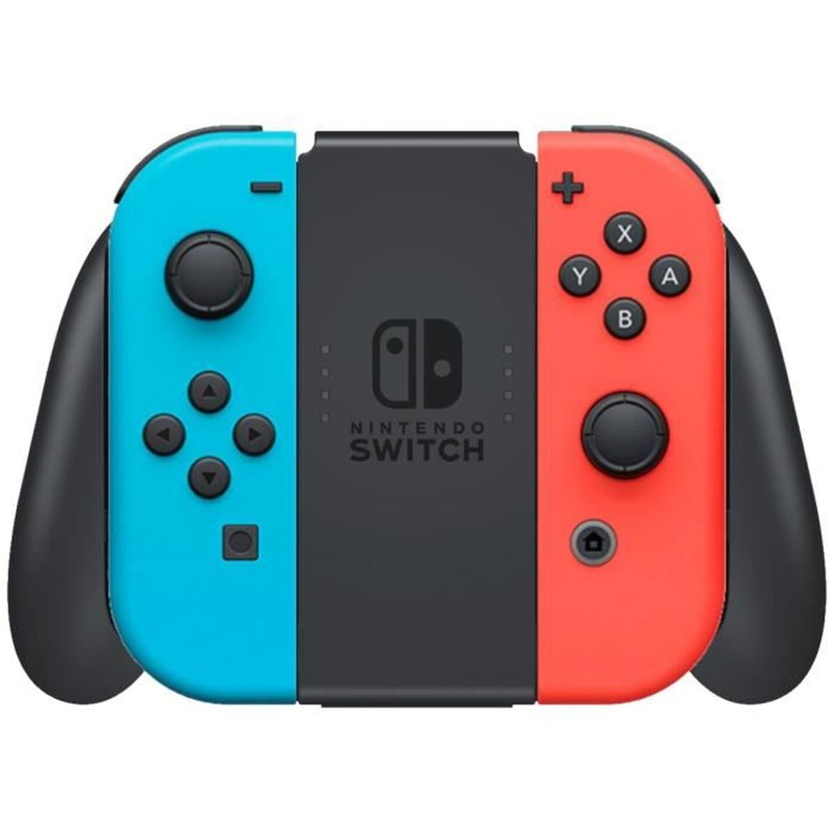 Kontroler Nintendo Switch, lewy niebieski, prawy czerwony, czarny środek. Przyciski i logo Nintendo Switch.