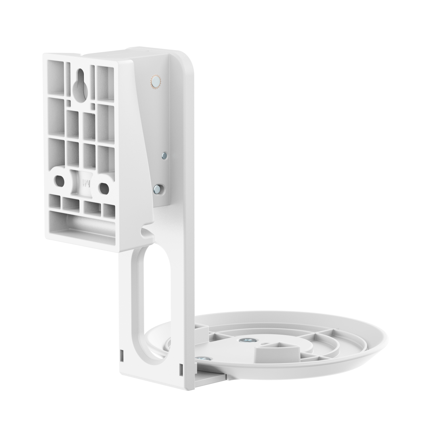 White wall mount for a speaker. Back of the mount is visible.