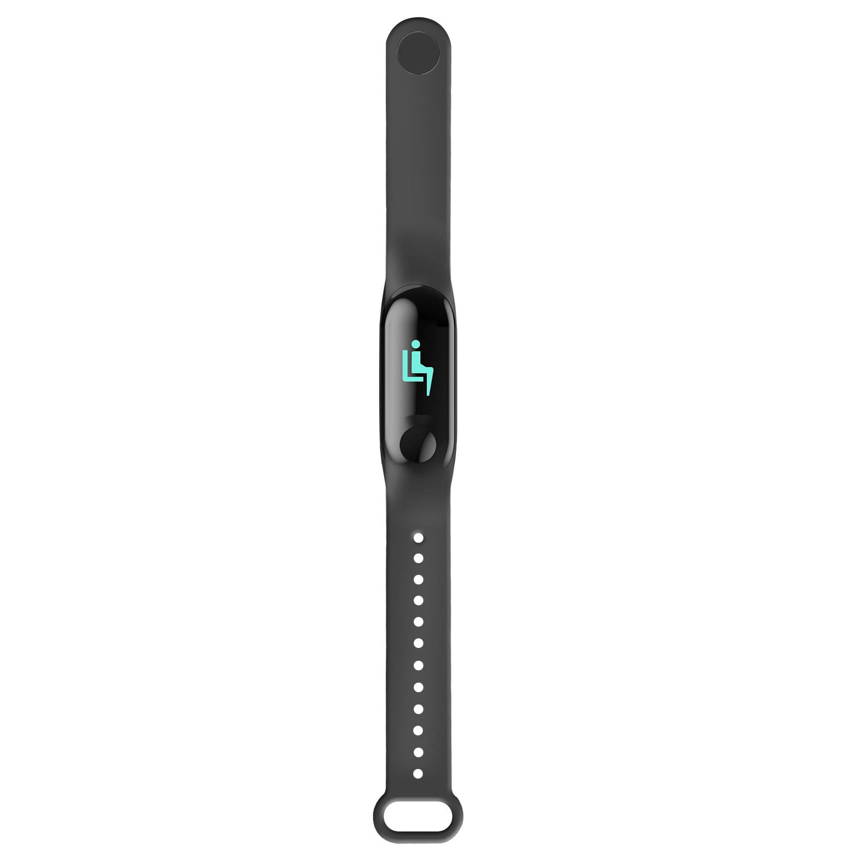 Fitness tracker nero. Mostra un display verde con icona persona.