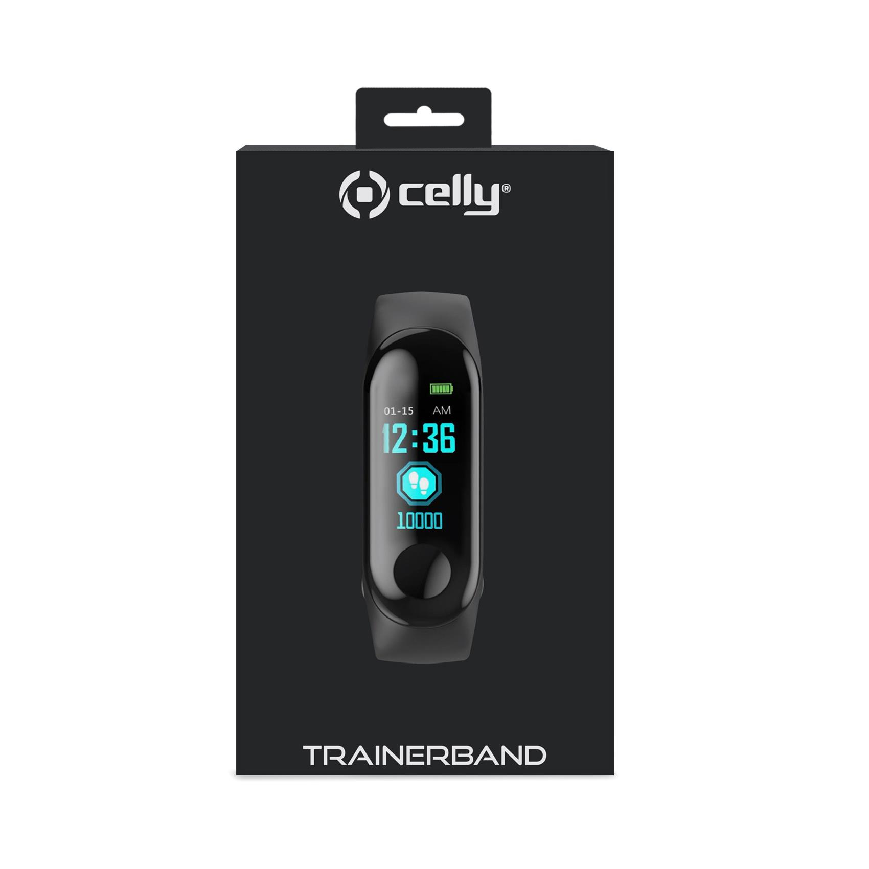 Fitness tracker nero su scatola, mostra tempo e passi.
