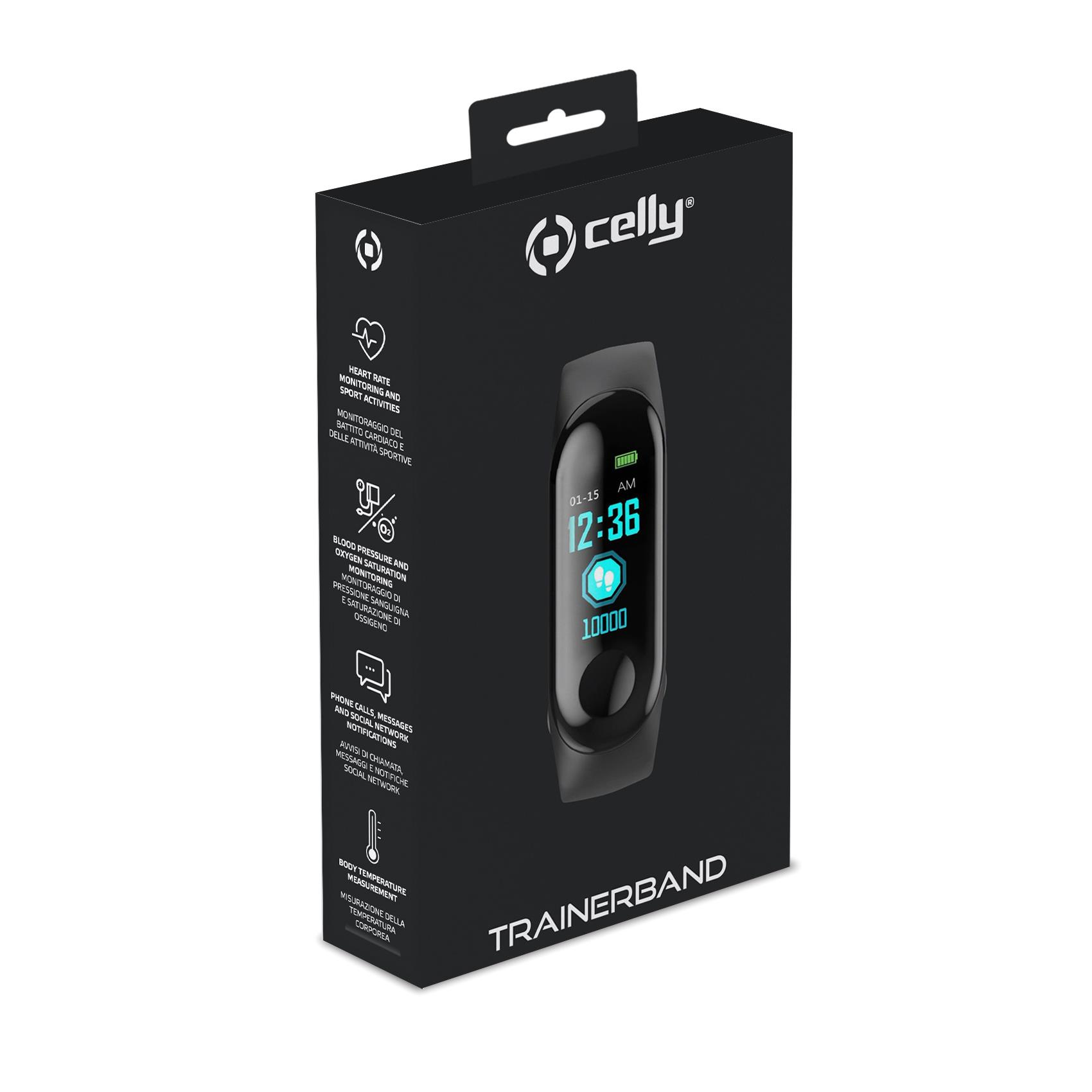 Tracker fitness Trainerband nero su scatola nera. Mostra ora, passi e livello batteria.