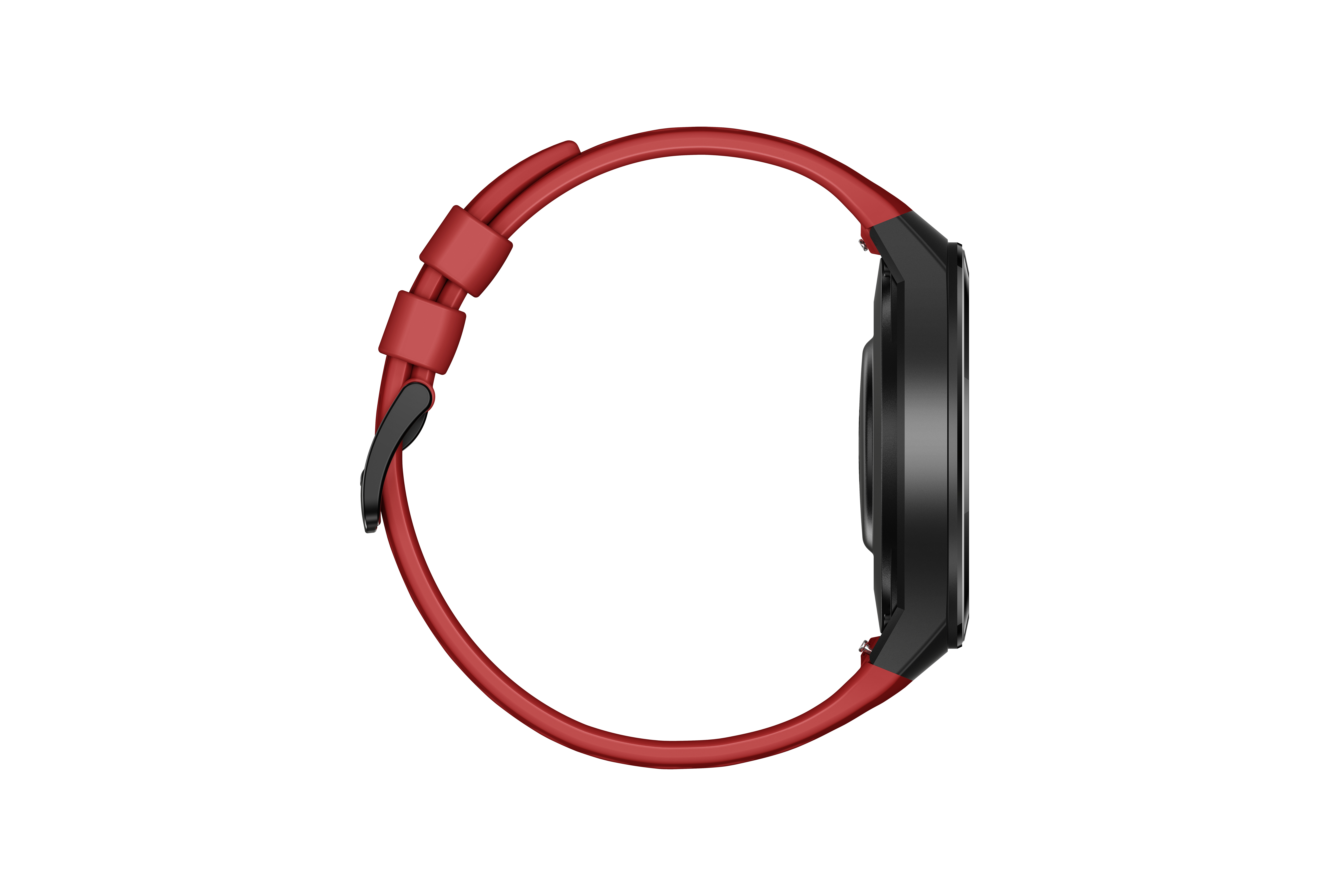 Widok z boku smartwatcha z czerwonym paskiem i czarną obudową.