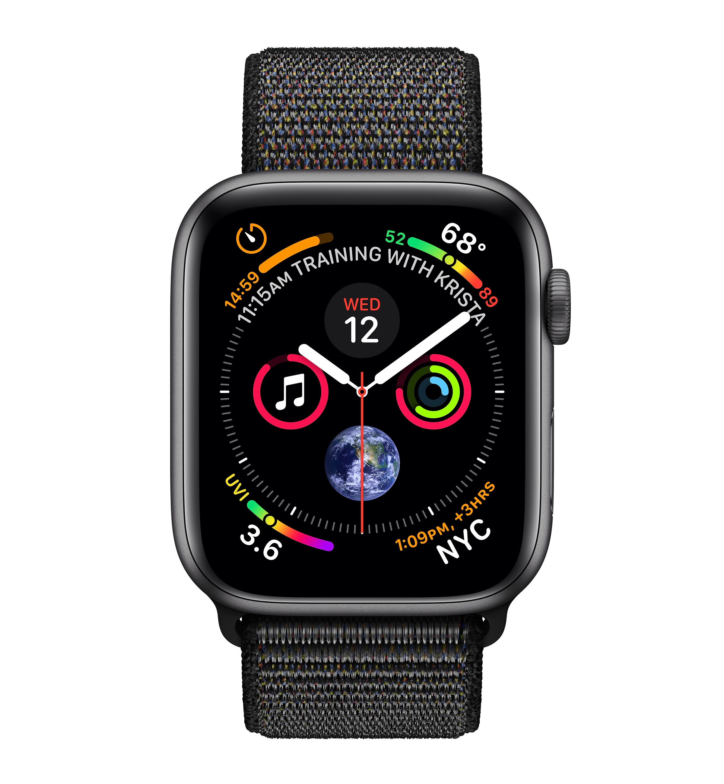 Apple Watch negra con correa gris oscuro. Muestra hora, fecha y métricas de salud.