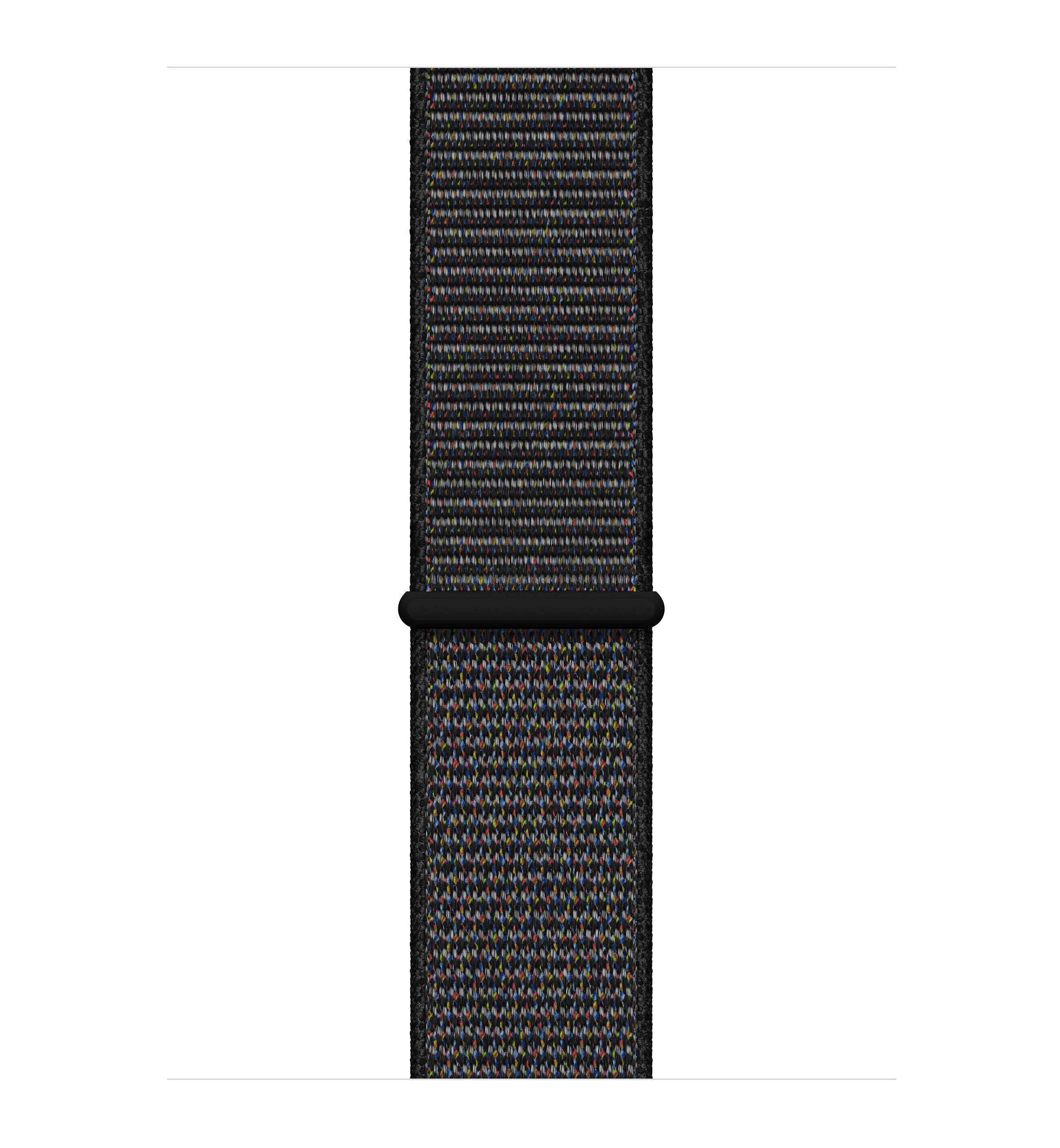 Primer plano de una correa de reloj de nailon negro con un anillo de hebilla negro.