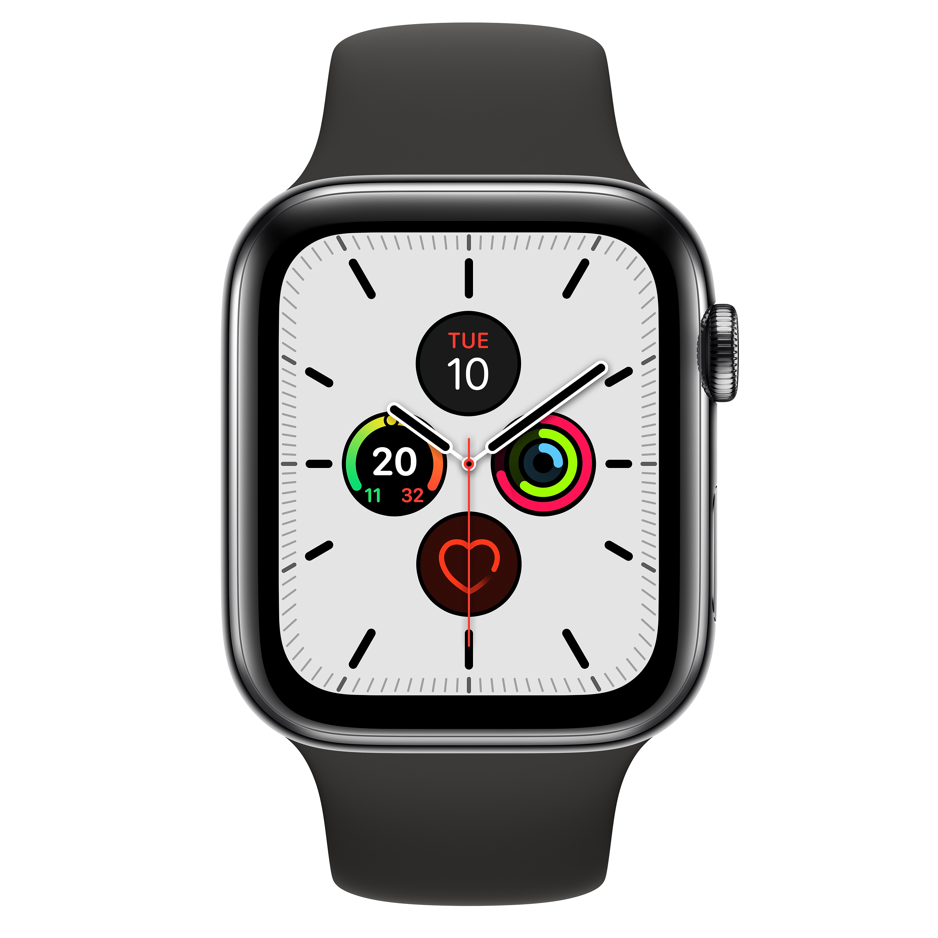 Apple Watch mit schwarzem Armband zeigt Zifferblatt. Die Zeit ist 10:10, zeigt Fitnessdaten.